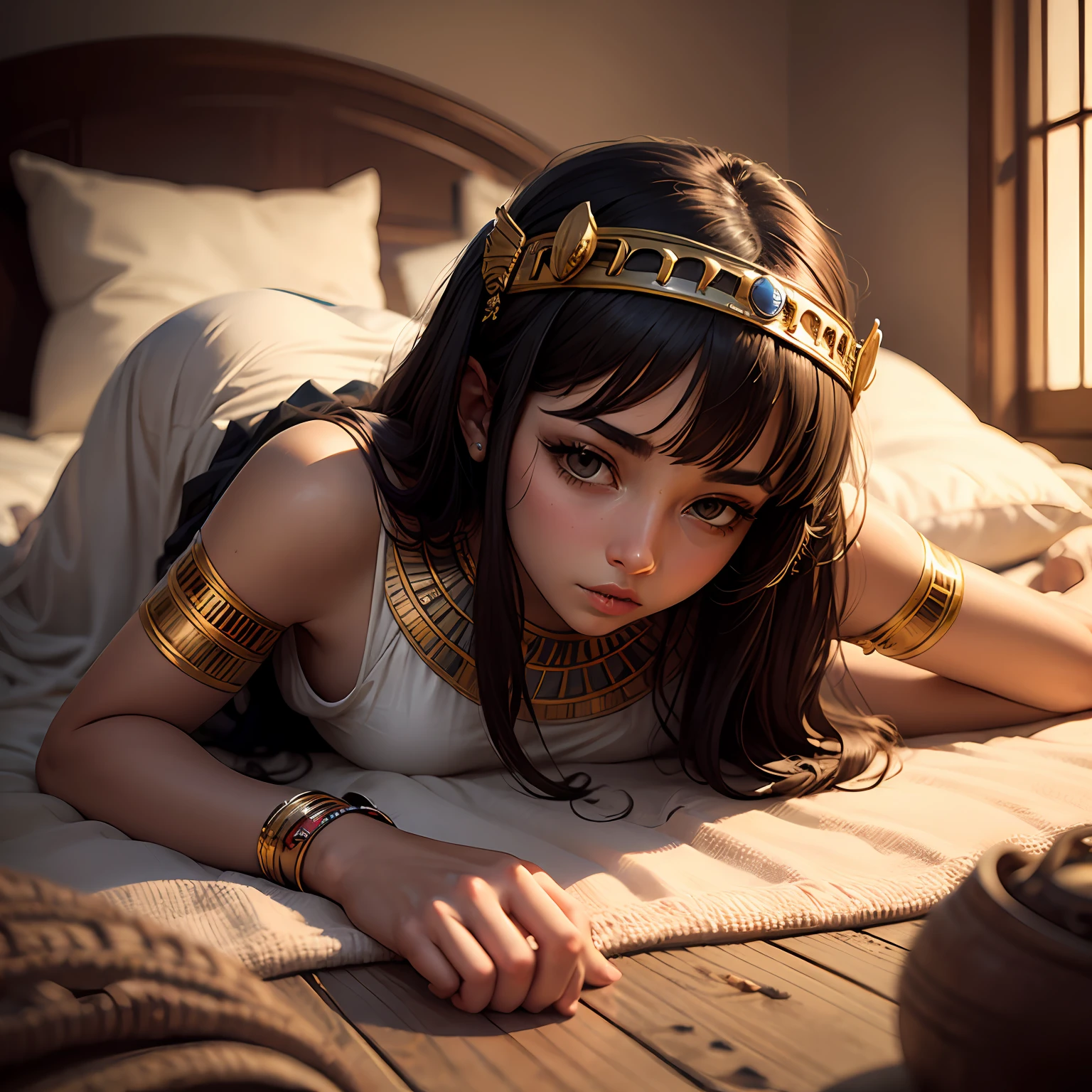 A young ancient Egyptian beauty sits on the ground,Lie down in bed