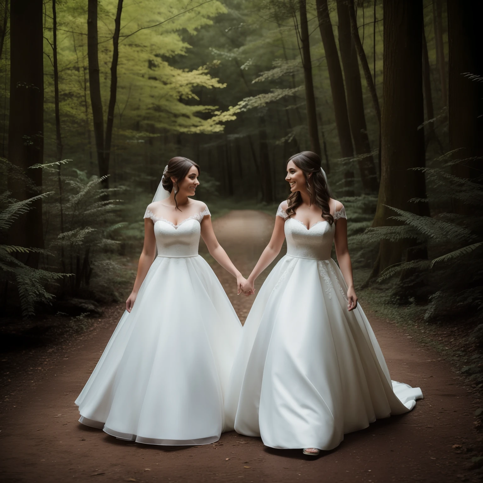 two brides walking in the woods at night, holding hands, beautiful women, 2girls, dense forest, nighttime, ballgown-style wedding dresses