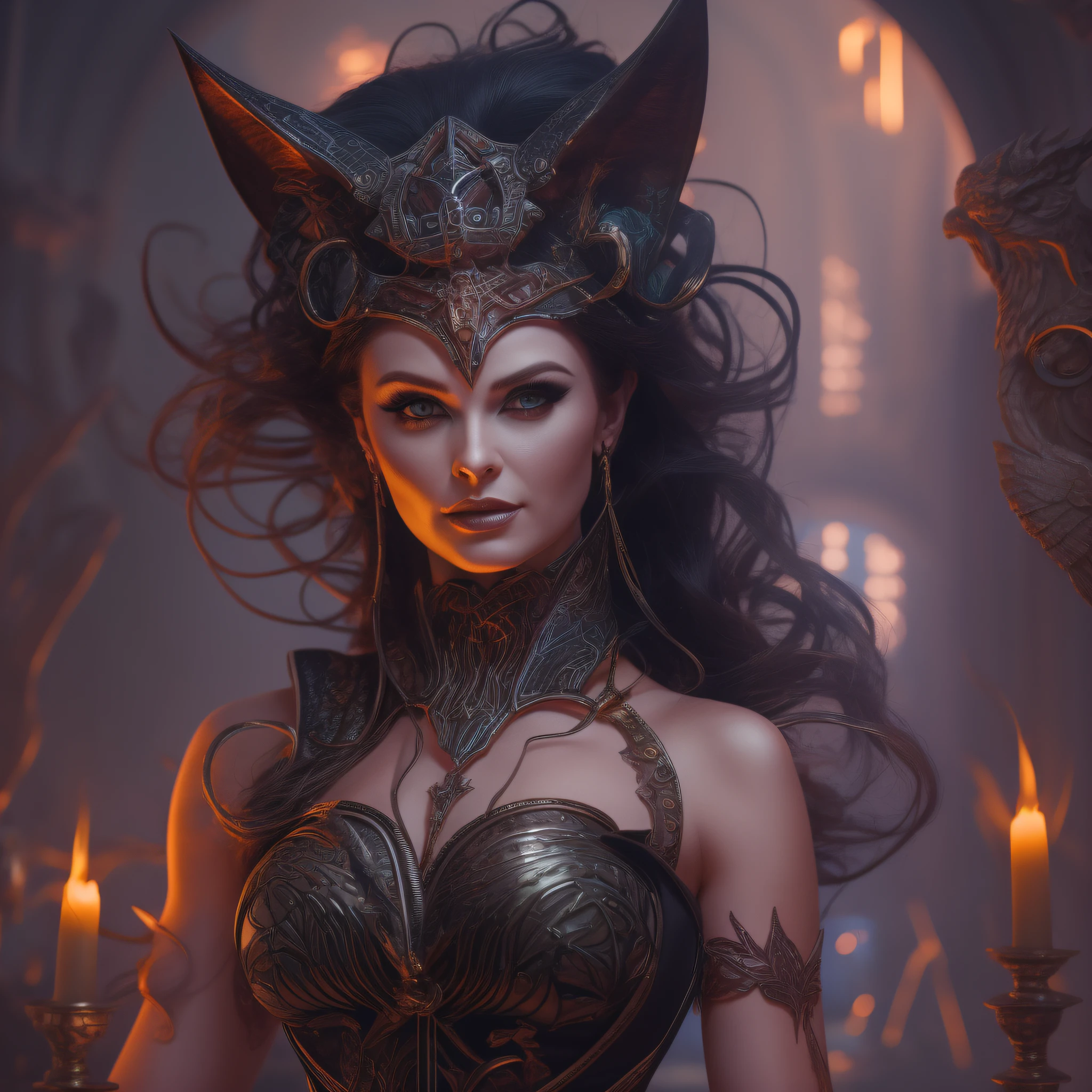 very complex hyper-maximalist super-detailed cinematic woman style corset and cat ears, Magic the meeting, pale skin and green eyes, smiling succubus flirting confidently seductive, lo gothic, soprada pelo vento cabelo, alto contraste vibrante, por andrei riabovitchev, tomasz alen kopera,moleksandra shchaslyva, peter mohrbacher, Omnious intrincado, octane, moebius, arney freytag, Fashion photo shoot, pose glamorosa, trending on ArtStation, lighting dramatic, gelo, fire and smoke, simbolismo ortodoxo Diesel punk, mistborn, environment occlusion, volumeric lighting, Lord of the Rings, BioShock, glamoroso, emocional, tatuagens, filmed in a photographic studio, Professional studio lighting, retroiluminado, Deviant-art rim lighting, hyperdetailed illustration, 8k --auto