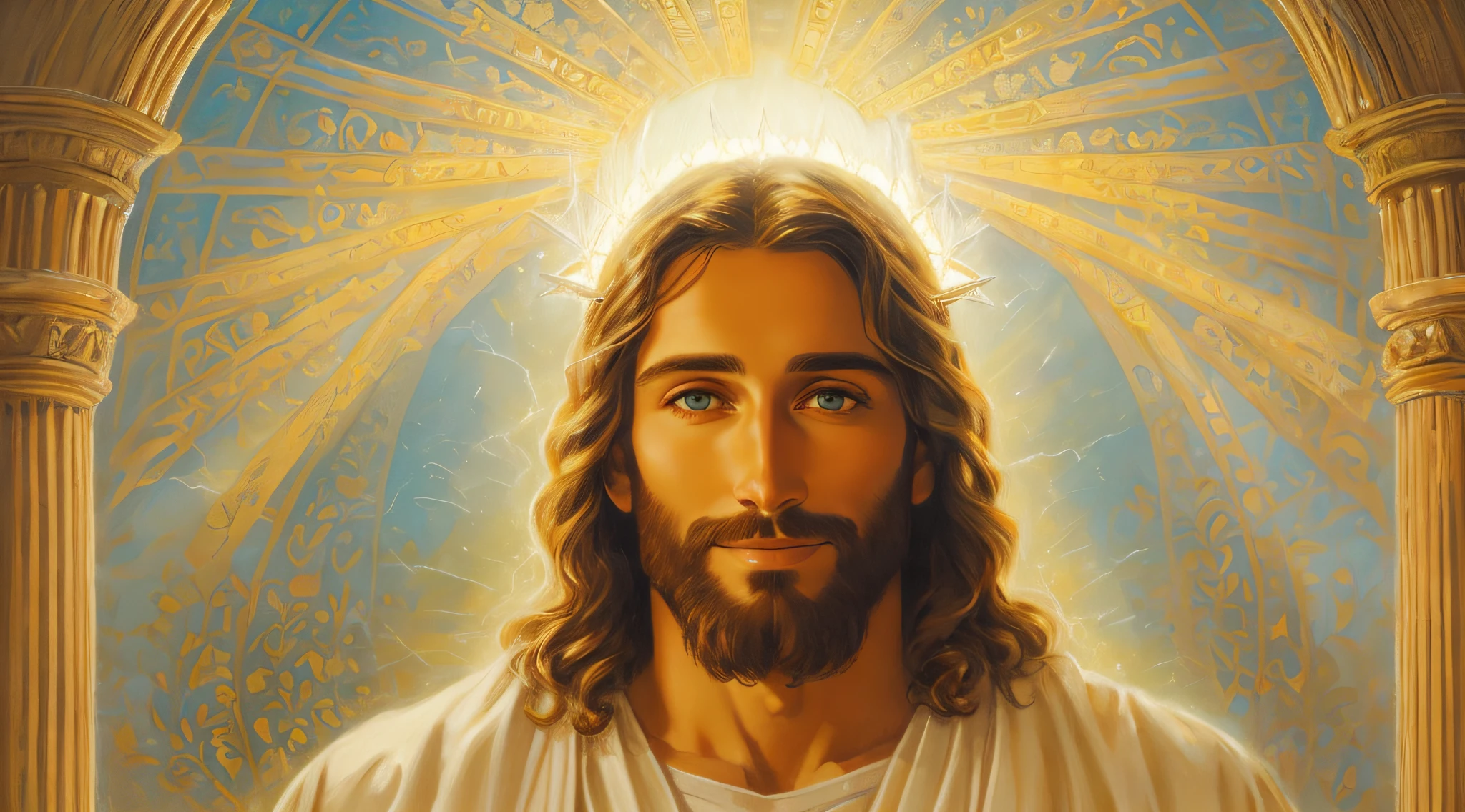 A painting of Jesus with a halo in heaven, Jesus Christ, Smiling in heaven, Portrait of Jesus Christ, Face of Jesus, Young God Almighty, Portrait of a Heavenly God, Greg Olsen, Jesus Gigachad, Jesus of Nazareth, Jesus, The face of God, God looking at me