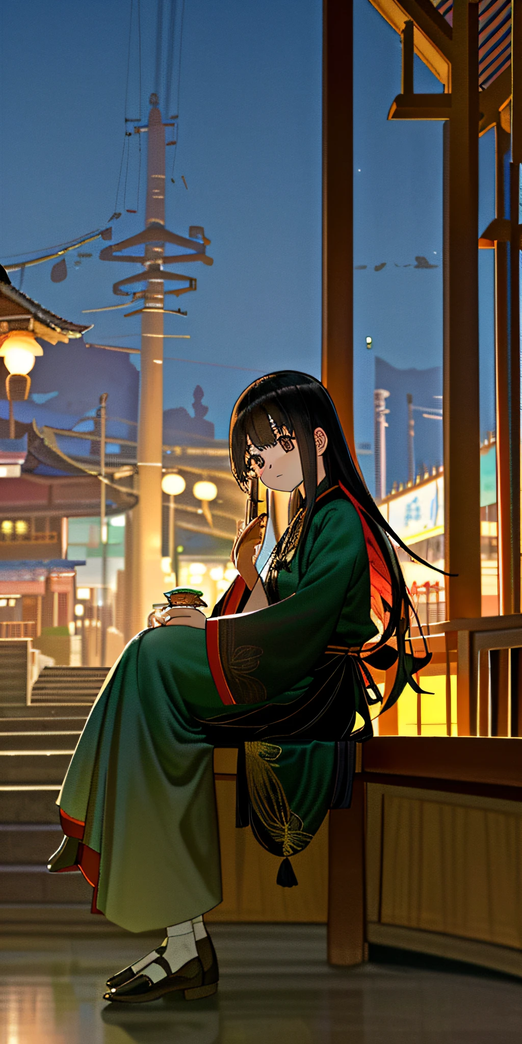 (8k, RAW photo, best quality, master:1.2), (realistic, photo-realistic:1.37), ultra detailed, 1 girl, cute, solo, beautiful detailed sky, detailed cafe, night, sitting, dating,(鼻子脸红),(微笑:1.1),(闭嘴),中等胸,美丽细致的眼睛,(领衬衫:1.1),领结,百褶裙,(短发:1.2),飘逸的头发