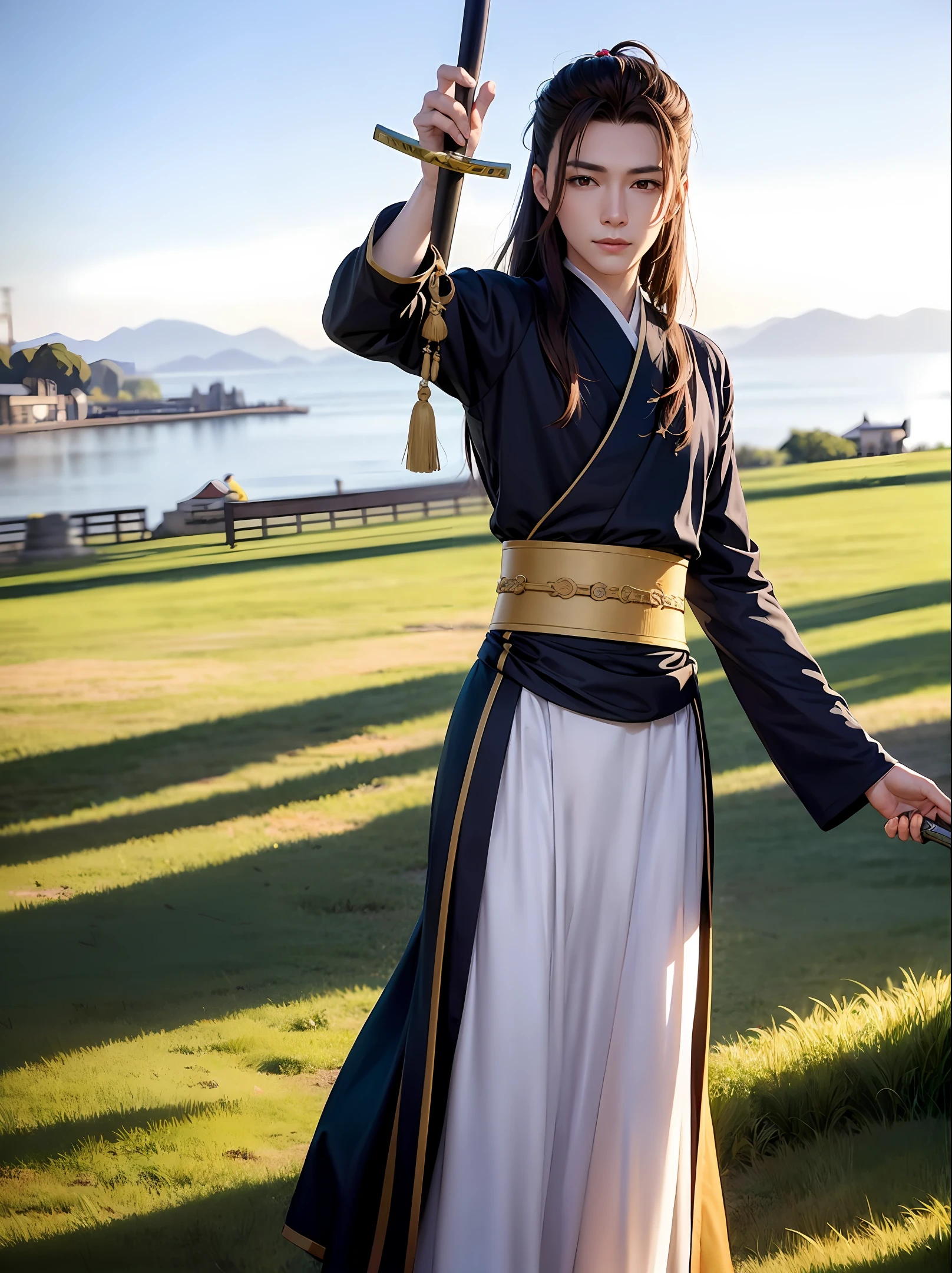 Faraway view，Stretch out，Long-sleeved hanfu，eventide，ssmile，，Long hair and waist，Handsome，shoun，grassy fields，beckon，With a long sword，quadratic element