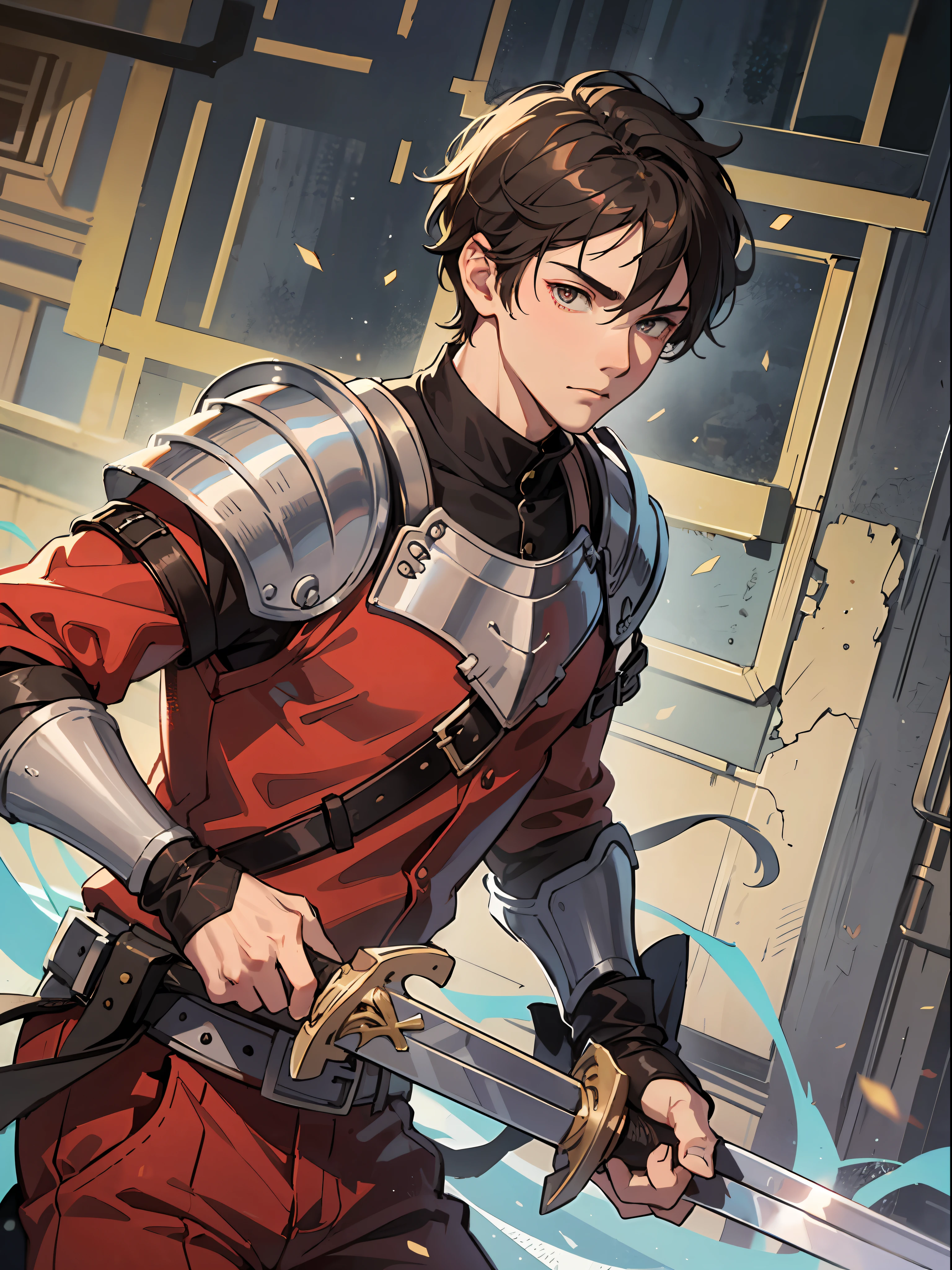 a -yeld te1 boy as a swordsman, sword, brown short hair, brown short hair parted in the middle, man's short hair, without a beard, without a goatee, no facial hair, silver colored medieval knight armor, red clothes, war, battlefield