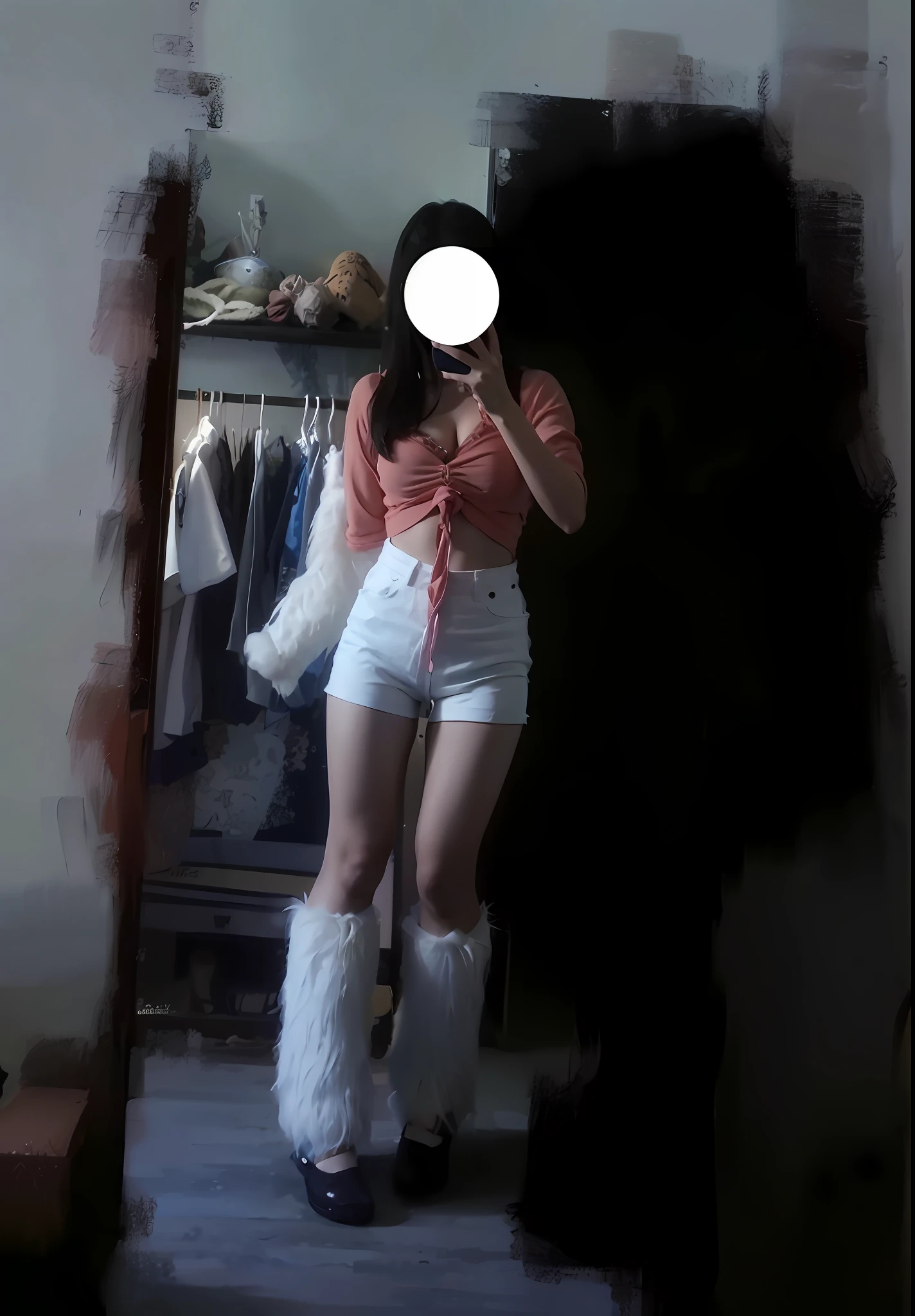 there is a woman taking a picture of herself in the mirror, low quality photo, Full body picture, outfit photograph, very very low quality picture, low quality photo, white puffy outfit, Bare with thighs!!!, middle body shot, 14 year old female model, fit pic, Thighs, whole body picture, is wearing a shorts, white skirt and barechest