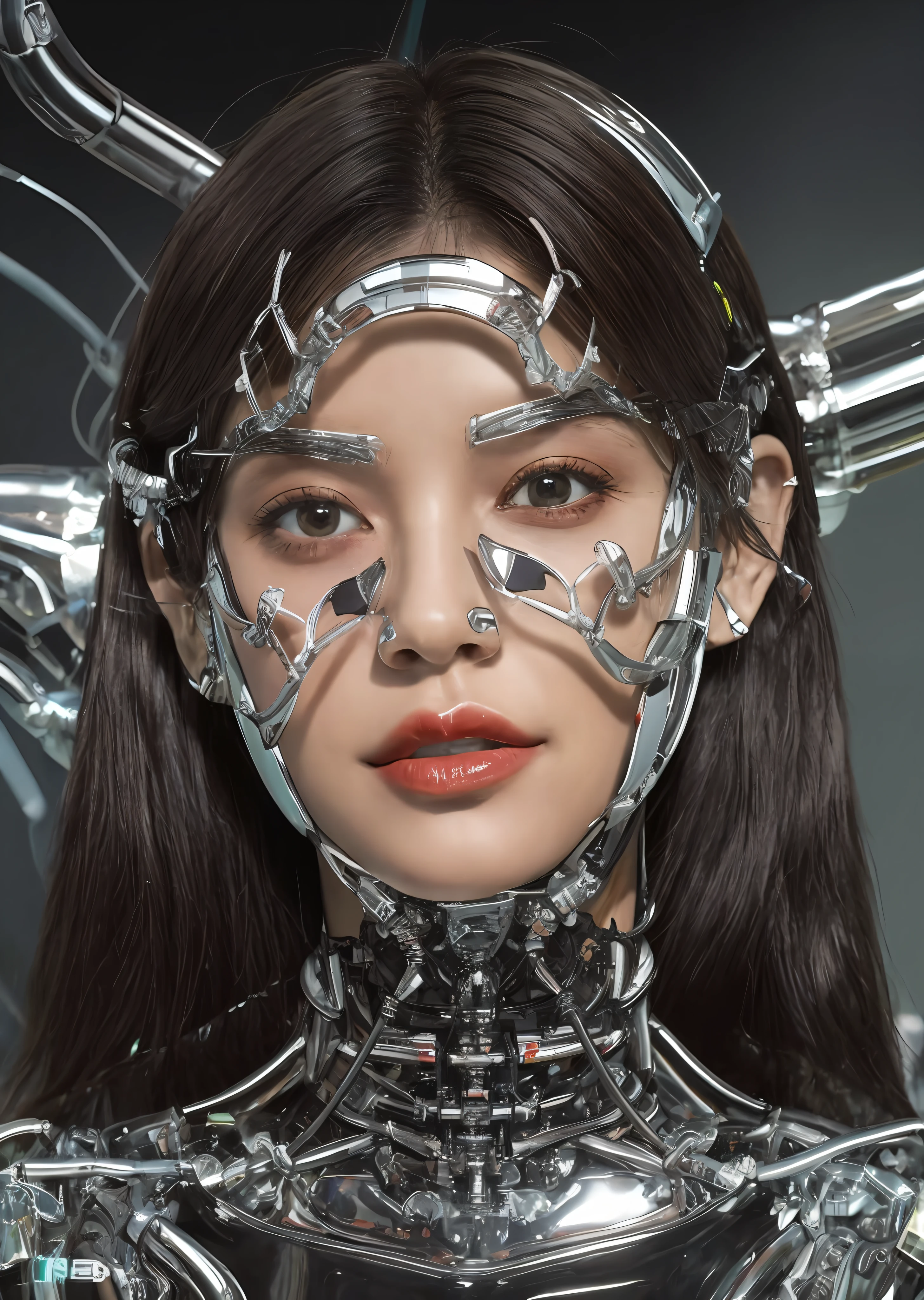 303, (1girl),  (((chrome details))), best quality, gothic, clean minimalist, minimalism, clean detail, face ornament, (dark hair:1.4), (small breasts:1.3), futuristic, cybernetics, cyberpunk, (cyborg:1.2), (robot arms:1.4), 8k, (best quality), (ultra-detailed), (medium close up:1.3), hard focus, vibrant details, anatomical, extremely delicate and beautiful, amazing, finely detailed, masterpiece, glossy