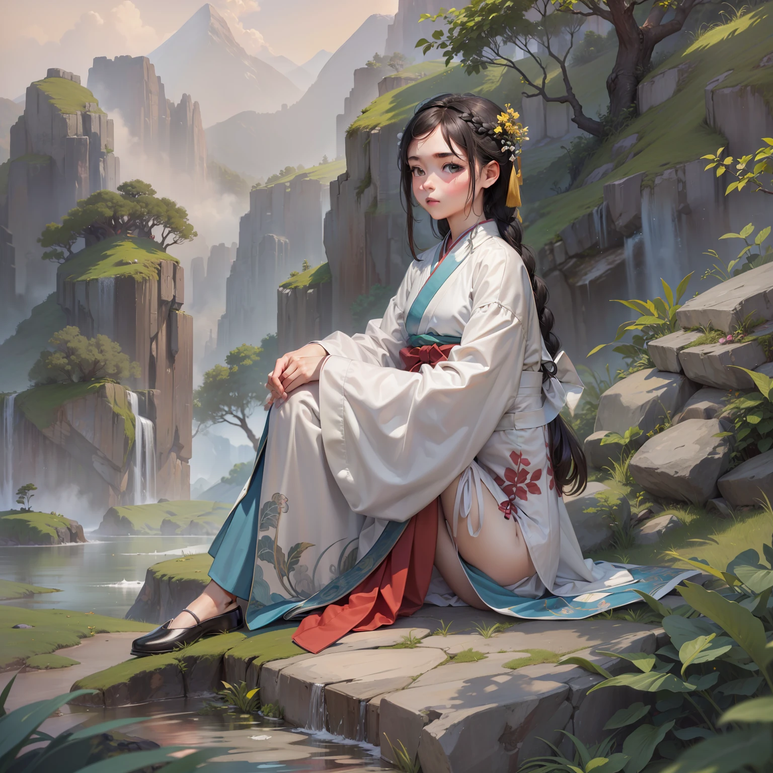 (Masterpiece), (Best quality), (Ultra-detailed), gongbi, 1girll, Solo, Braid, Hanfu, Flat shoes, upper legs, is sitting on a rock, plant, Outdoors, Mountain, scenery, imprint