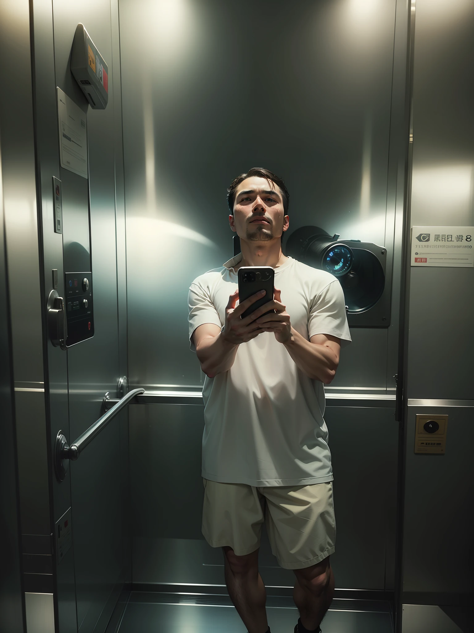 (8K, Best quality, Masterpiece:1.2),
(Realistic, photo-realistic:1.37),
Ultra-detailed,
The Arafed man stands in the elevator with his cell phone, in an elevator, 8k selfie photograph, 3 2 - year - old, inspired by Zhang Xiaogang。closeup cleavage。