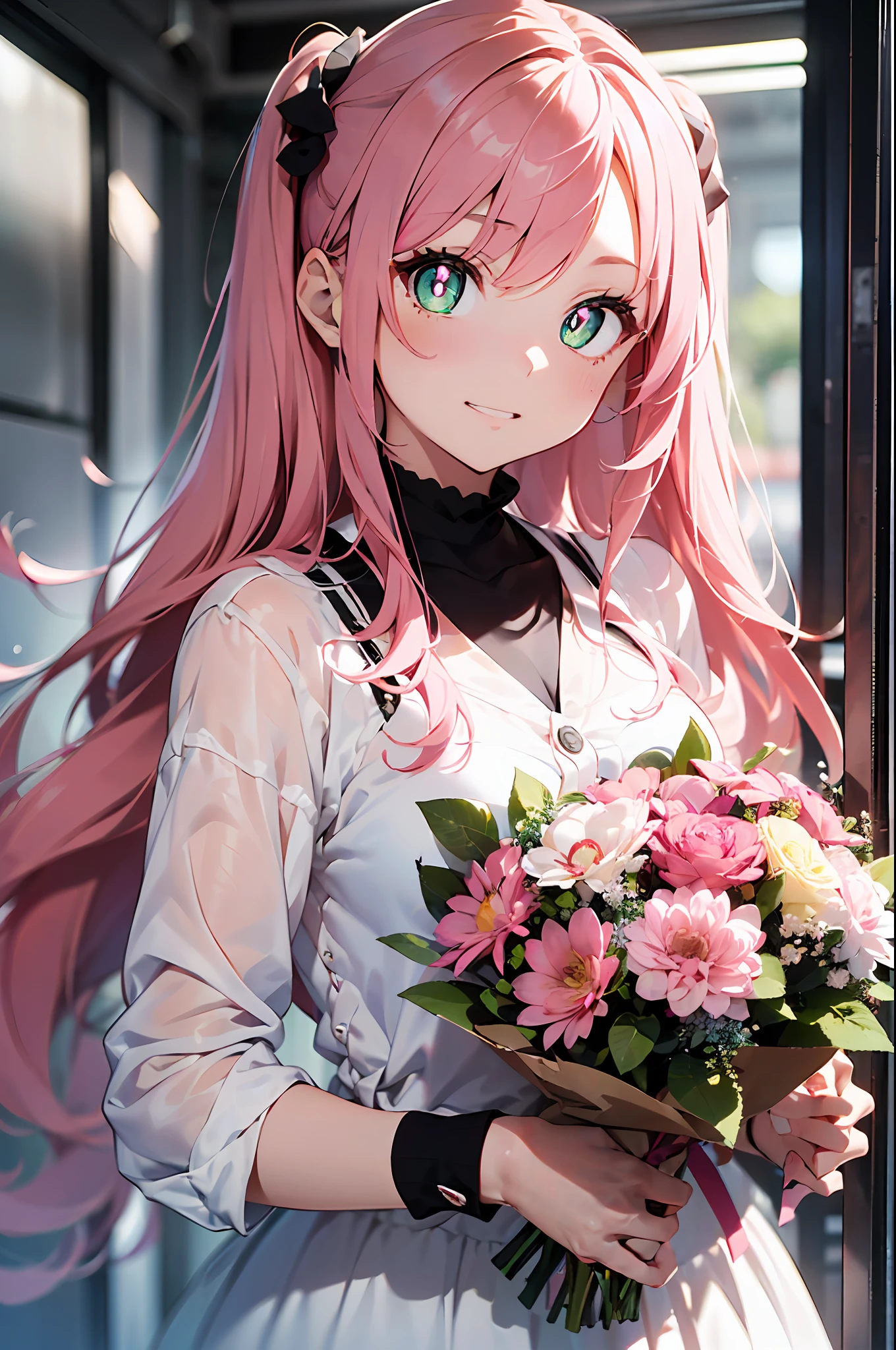 hand over a bouquet(((masutepiece))),((ultra-detailliert,Best Quality)),((Pink hair, Long hair,Straight hair,two side up)) (Green eyes),eyeshadows, eye line,gloweyes, ultradetailed eyes, intricate eyes, Beautiful eyes, ((Glowing pink pupils))18-year-old girl.Chanel、Laugh