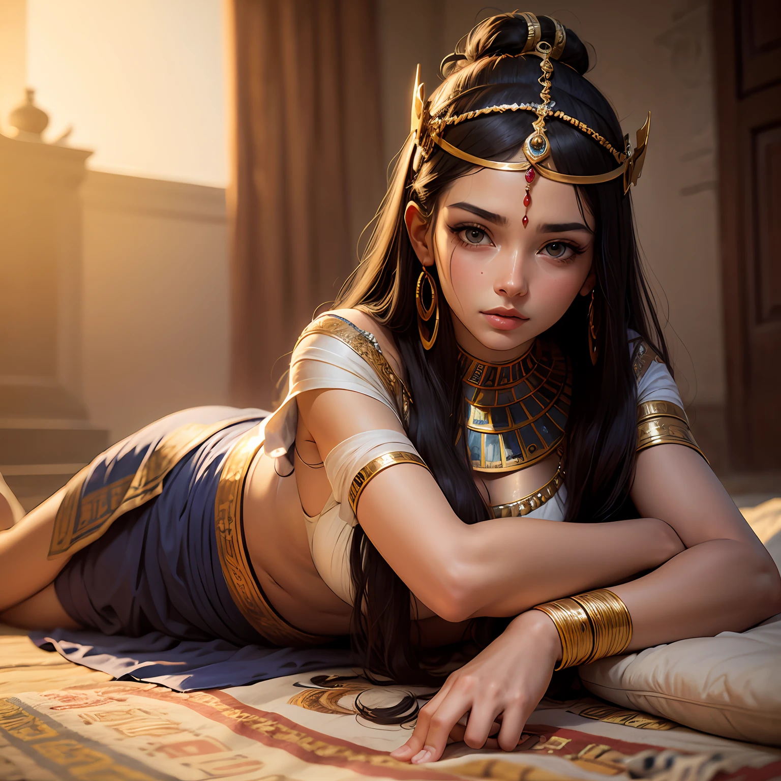 A young ancient Egyptian beauty sits on the ground，Lie down in bed