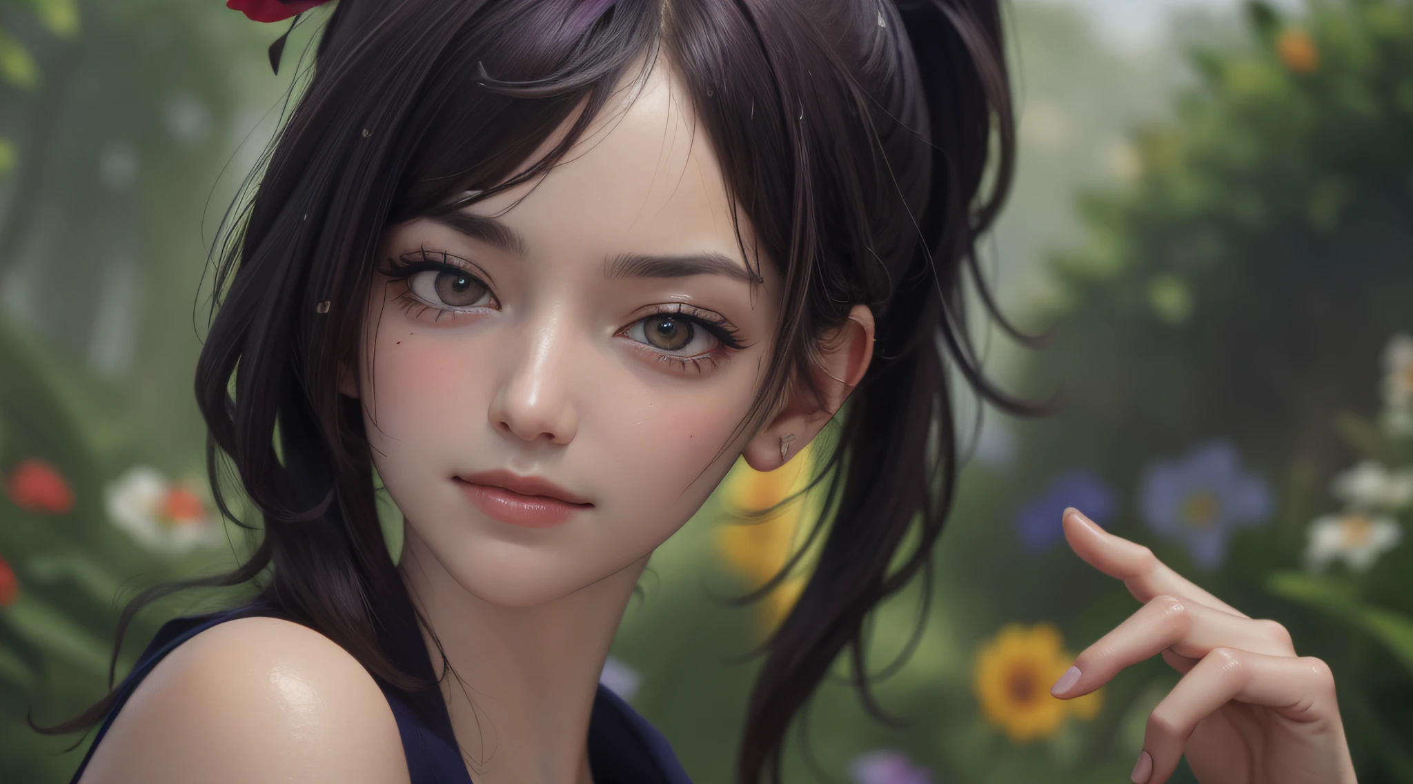 (best quality:1.1), (masterpiece:1.2), portrait,
1girl, yuzuriha_(jigokuraku), purple hair, brown eyes, ninja, open clothes, cleavage, small breasts, topknot, medium hair, breasts apart, white obi, smirk, outdoors, (blush:1.1), flowers,
Pure_Innocent_girl, pureerosface_v1, (face closeup),  pov, (((depth of field))), pale and lustrous skin,