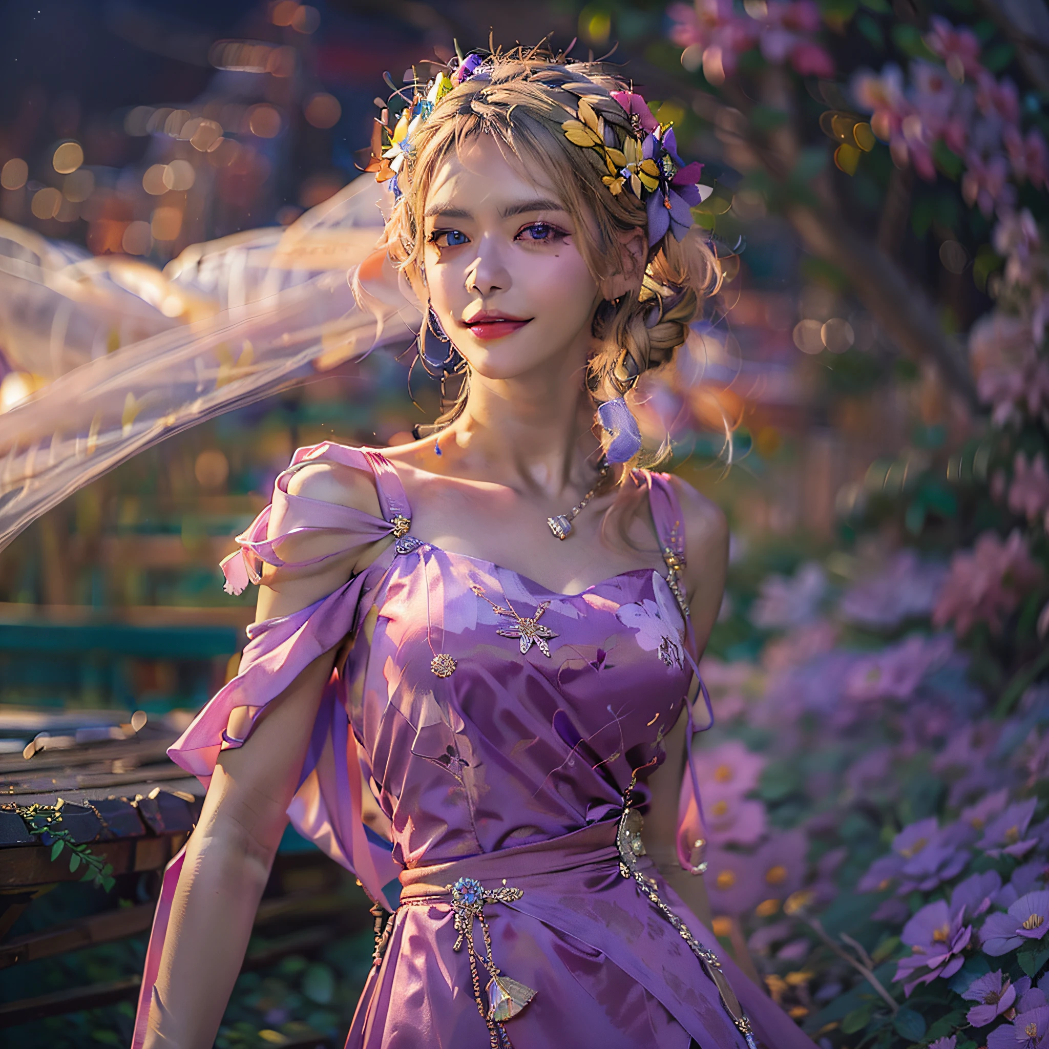 Elegant evening dress, very detailed eyes and faces, portraitures, Bust, Night's, beachside, neonlight, violet flower，french braid, Colored inner hair, Blonde hair, Hairline, Star-shaped pupils, Purple eyes, smiley, Light smile, Chiaroscuro, surrealism, hyper photorealism, hyper HD, Best quality, Super detail, A high resolution, High details, High quality, Textured skin
