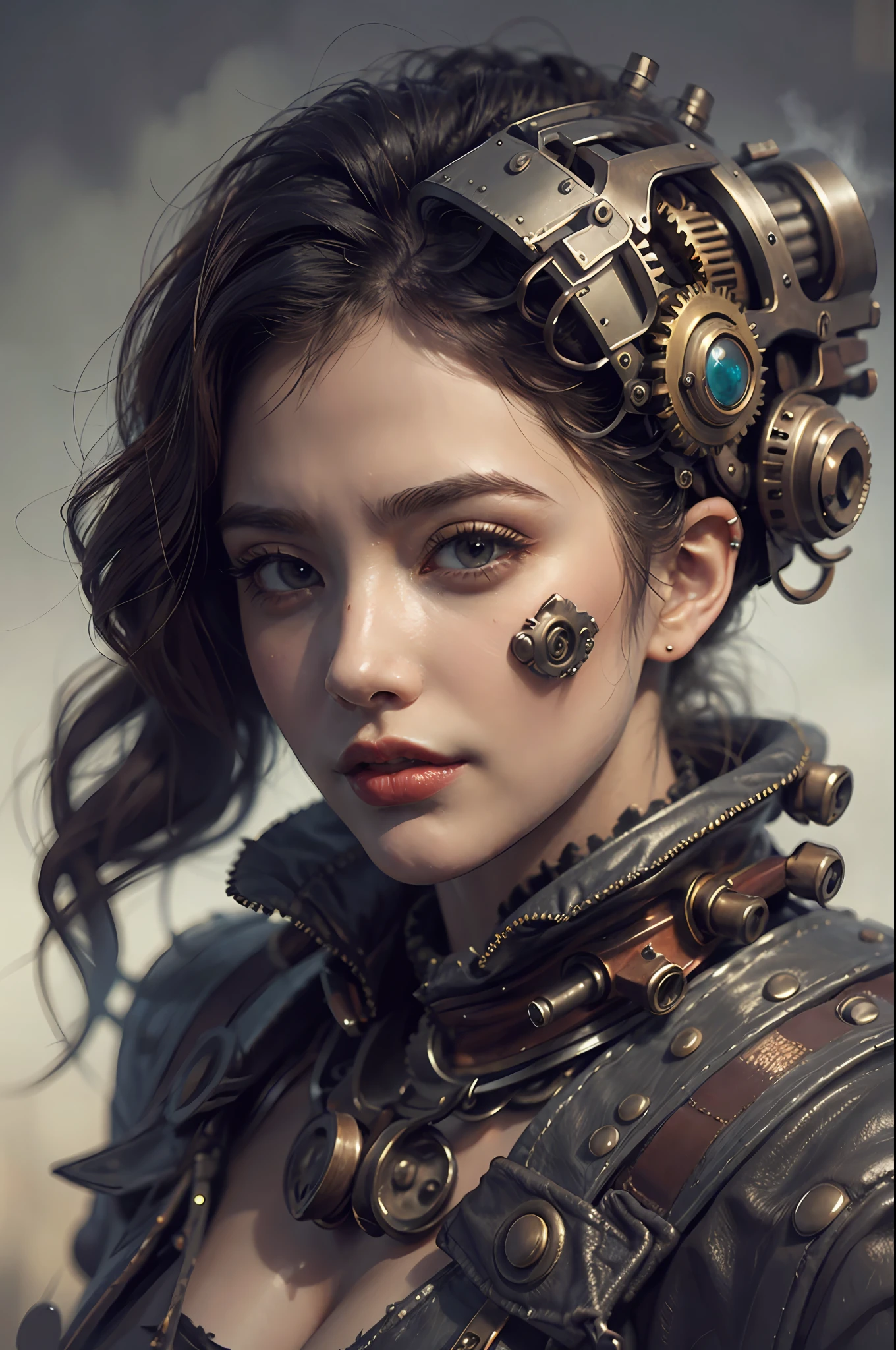 There's a woman with gears attached to her head with steam, Portrait of a mechanical woman, Arte digital 4K realista, Arte digital 4K realista, Wojtek FUS, Arte digital altamente detalhada em 4k, Cyber Steampunk 8K 3D, arte steampunk digital, Arte digital realista 8k, Arte digital detalhada em 4k, Arte cyberpunk 8K ultrarrealista, arte conceitual ultra realista,