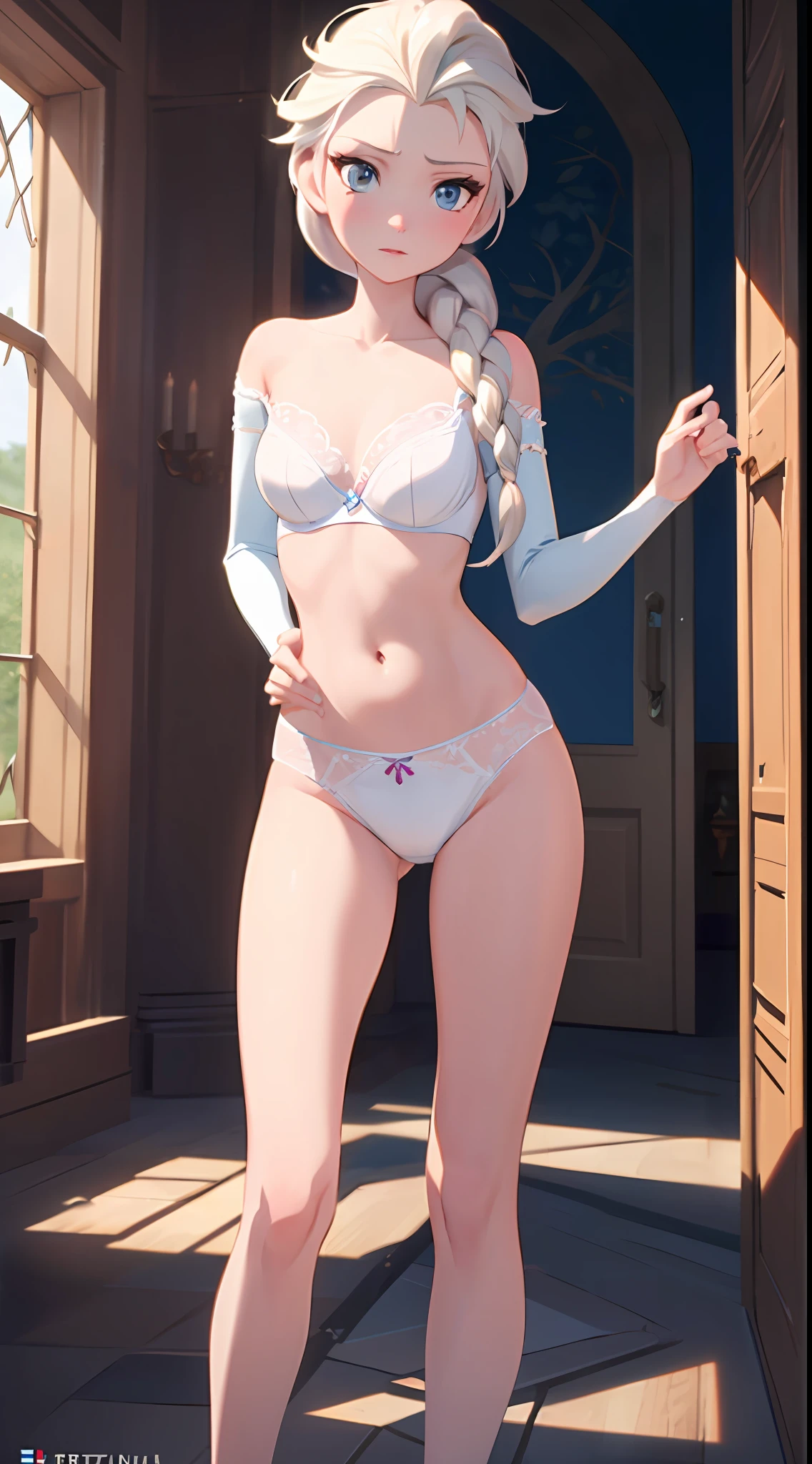 Elsa from Frozen posing sesy in bra and white panties with her hands behind her back, Castle room behind, small waist, piernas largas, sonrojada y concerned, por detras