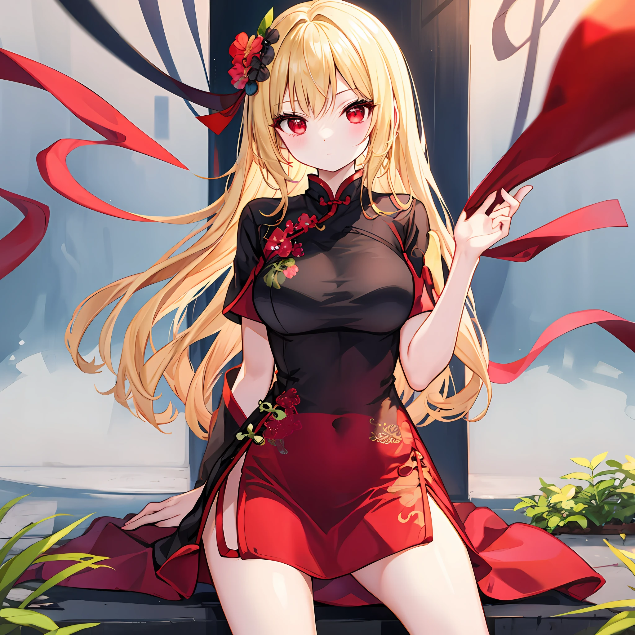 One beautiful blonde girl、red eyes、qipao dress、a miniskirt、sitting on