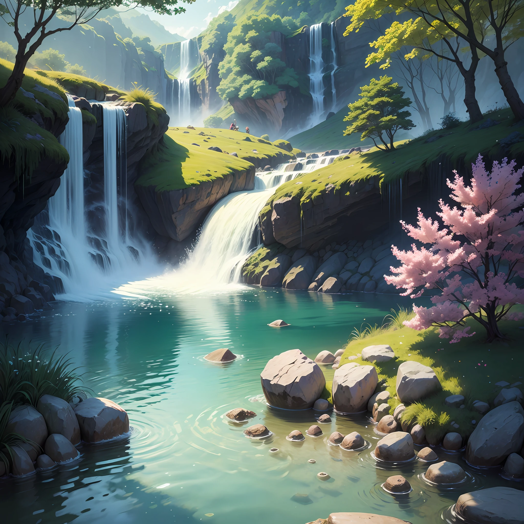 A beautiful enchanted lake, with crystal clear waters, with flowers and stones around, a beautiful waterfall in the background, children's book illustration style --auto