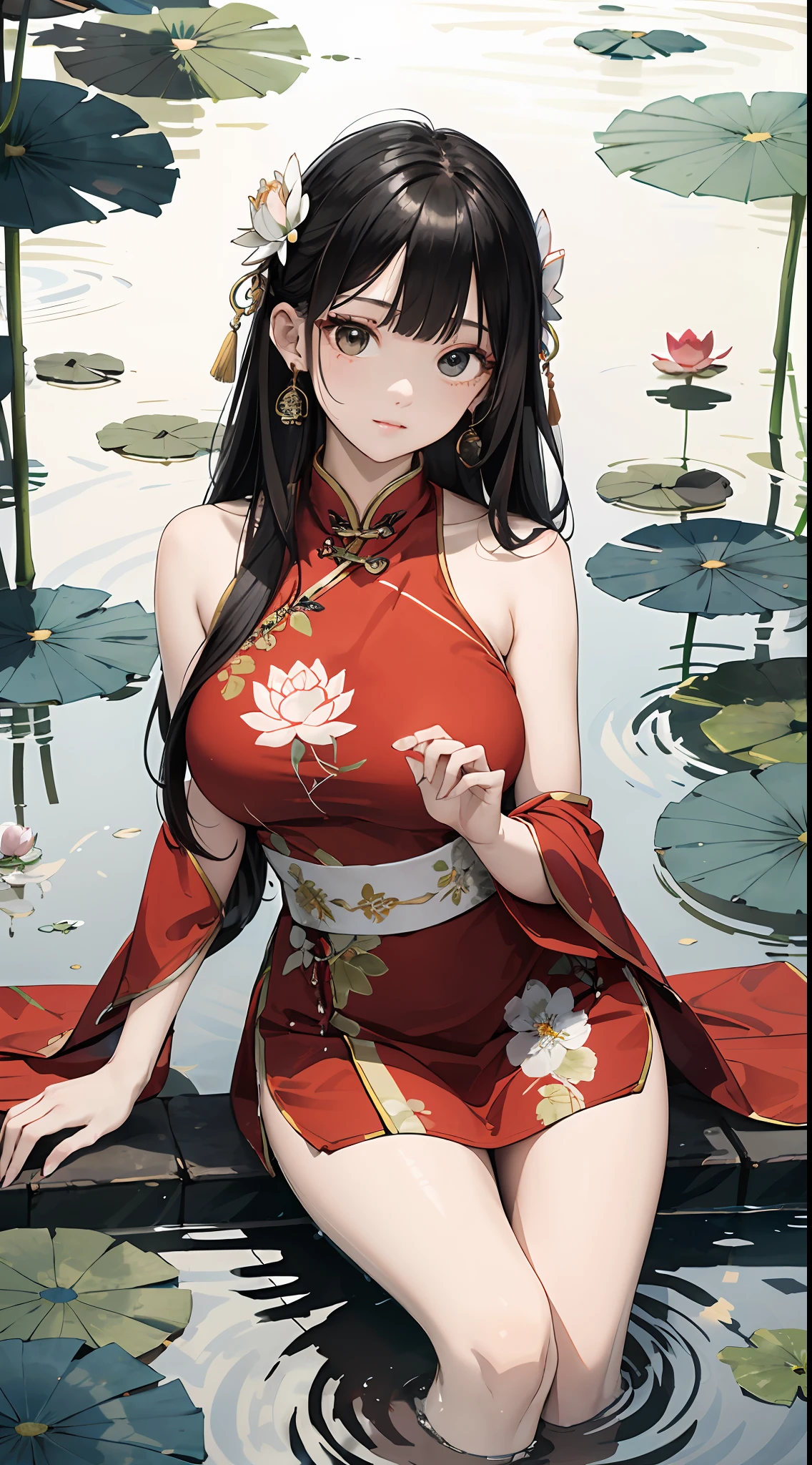 hoang lap,A high resolution,hyper detailled,(1girl huge large breasts:1.3),handpainted,Simple lines,16 year old girl wearing colorful Chinese dress,beautiful a girl,In a lotus pond where lotus flowers bloom,a masterpiece of,sitting in water,floating clothes,Floating hair