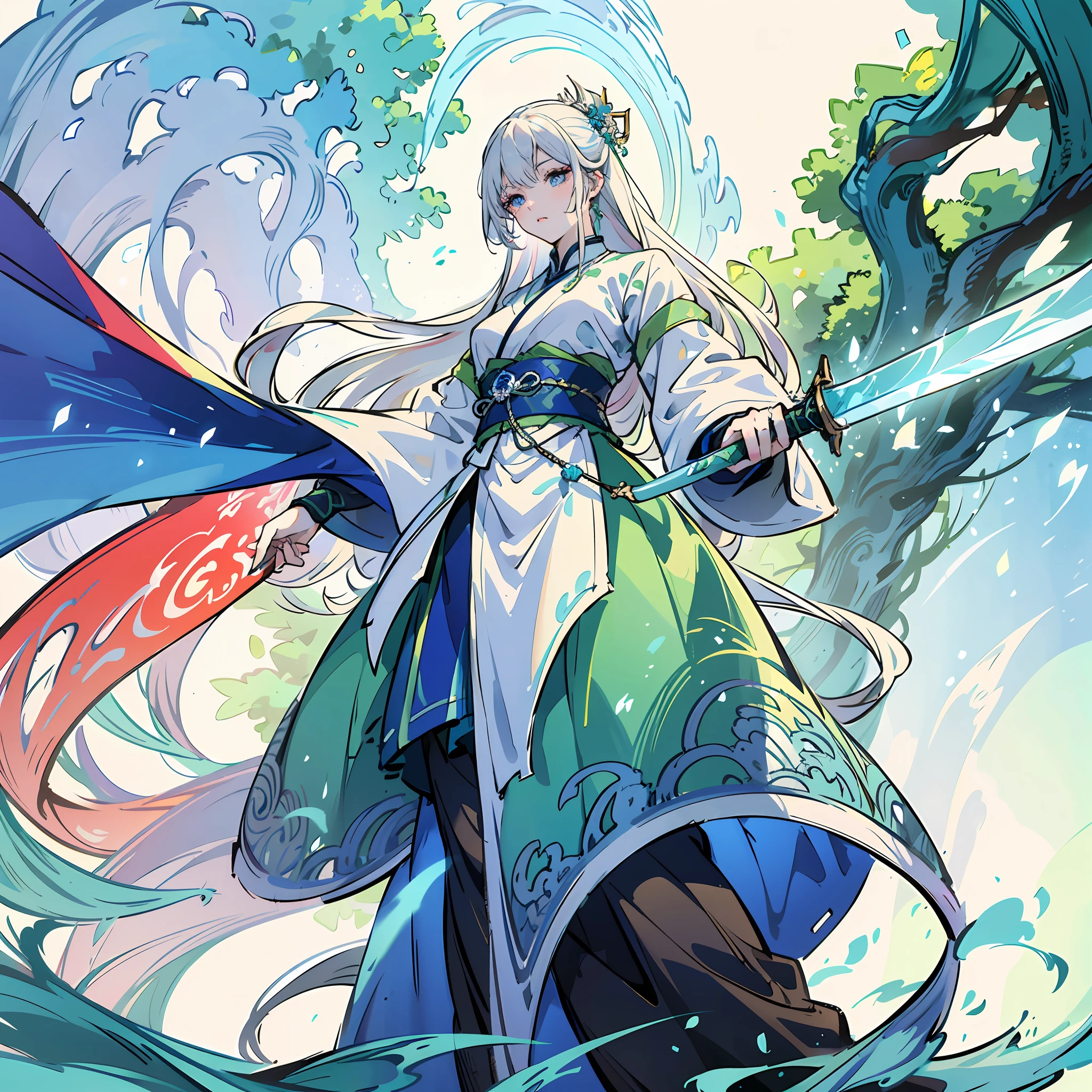 Masterpiece, Best quality, offcial art, 8K wallpaper, Highly detailed, illustration, ((1 woman)), Detailed eyes, Blue eyes, Green gradient Hanfu, Complex filigree, Dynamic pose, (Long rainbow-colored hair:1.1), (White hair:1.2), Floating hair, east asian architecture, Chinese street, scenery, Morning,Hyper-realistic,realisticlying,Hold the sword in one hand,Floating blue light particles