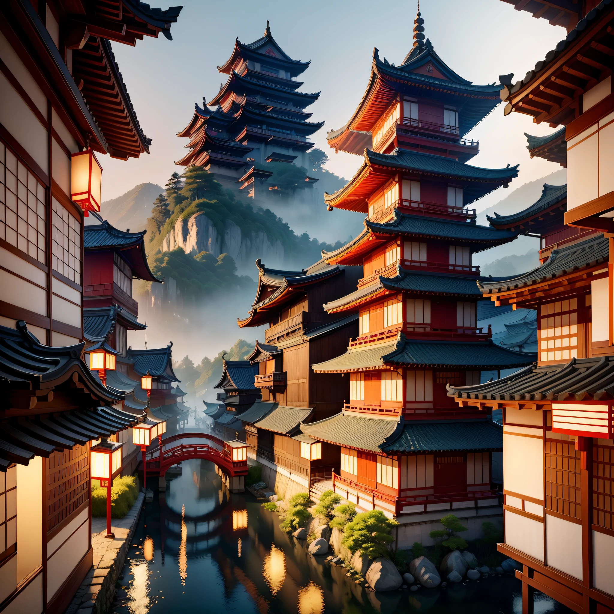 Asiatische Architektur in einer Stadt bei Nacht mit einem vorbeifahrenden Boot, dreamy chinese town, alte chinesische Architektur, Japanische Stadt, Bunte Kitsune-Stadt, Digitale Bemalung einer Pagode, Japanische Stadt bei Nacht, Cyberpunk Chinesisches altes Schloss, Beautiful rendering of the Tang Dynasty, Japanische Stadt, Kyoto-Inspiration, Chinesische Architektur, Erstaunliche Tapete, Pagodas on hills, without people and in the best quality, ultra scharf und 8k