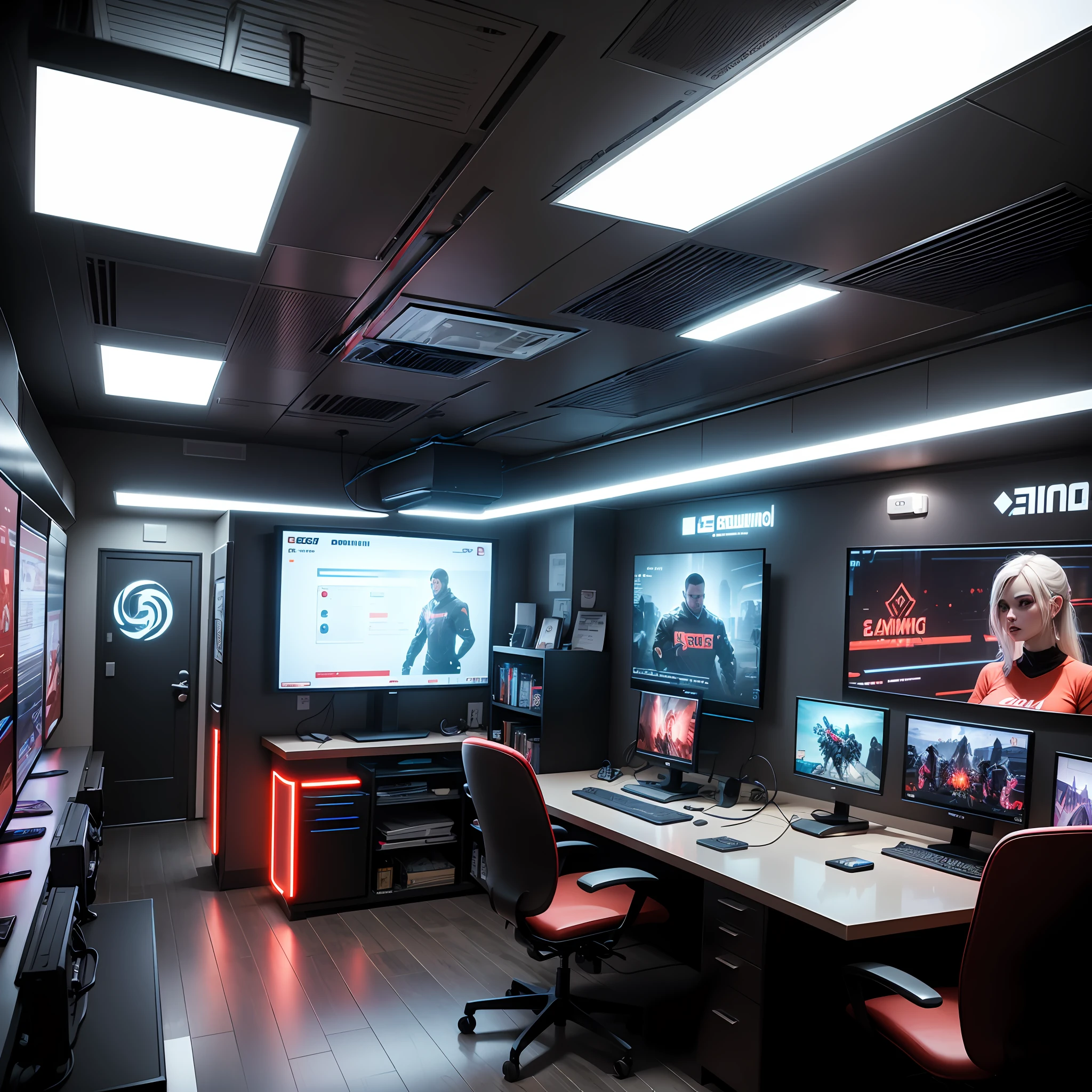 electronic shop , game room , area 100m , 60 desktops , led rgb , gaming ceiling , gaming chair , glass table , led ceiling , drop ceiling block , modern style , red and black tones , --auto