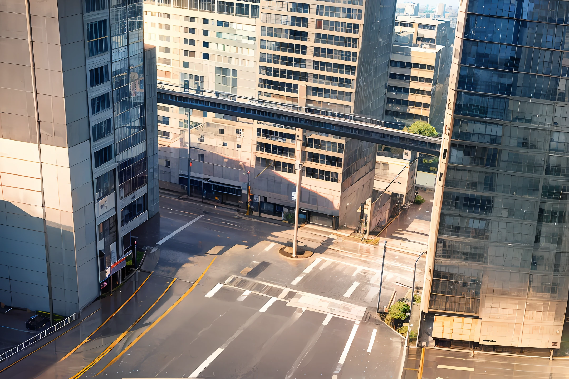 On asphalt roads，There are no buildings on either side，Half of it is raining，Half the big sun