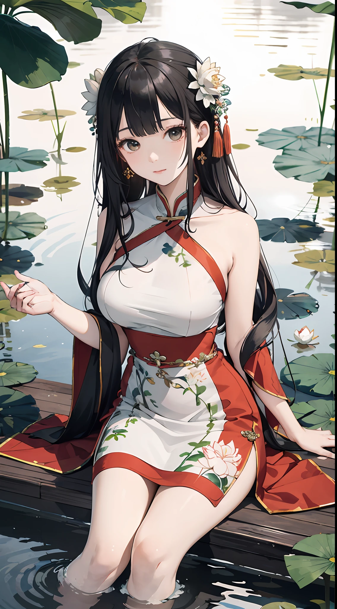 hoang lap,A high resolution,hyper detailled,(1girl huge large breasts:1.3),handpainted,Simple lines,16 year old girl wearing colorful Chinese dress,beautiful a girl,In a lotus pond where lotus flowers bloom,a masterpiece of,sitting in water,floating clothes,Floating hair