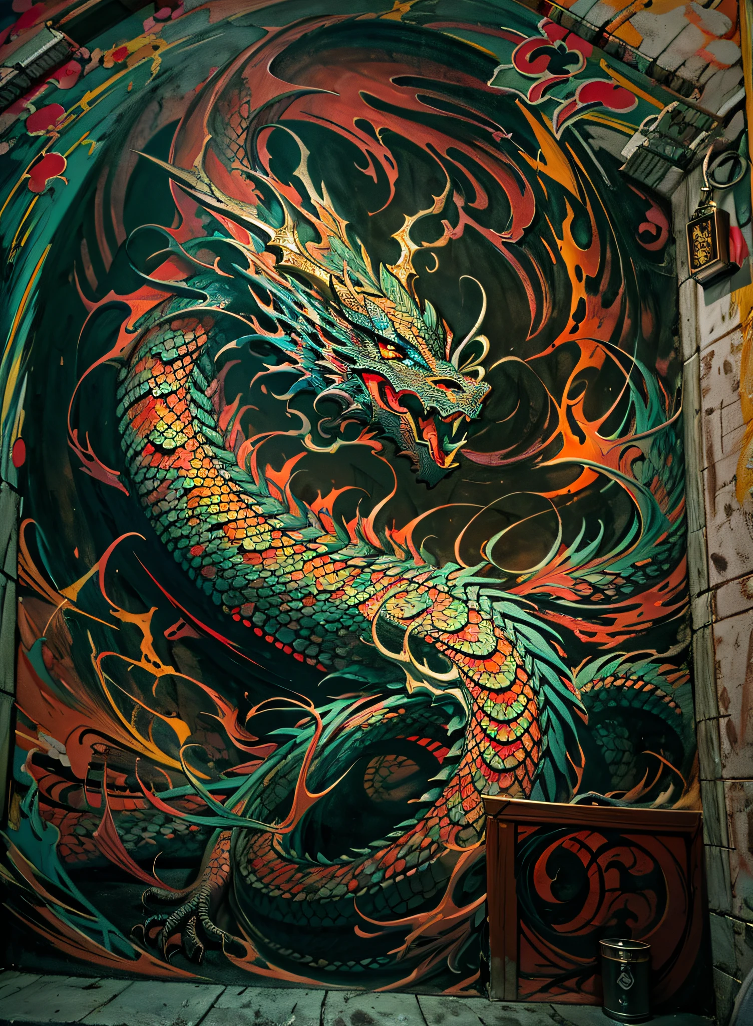 Dragoned, Chiaroscuro,2.5D cinematic scene - filmed in the dark), oriental dragon high resolution mural painting,((muros de um castelo)), grafite colorido,((Chiaroscuro)) and vivid, cores vibrantes, pinceladas expressivas, vibe de arte de rua.Chiaroscuro,2.5D.