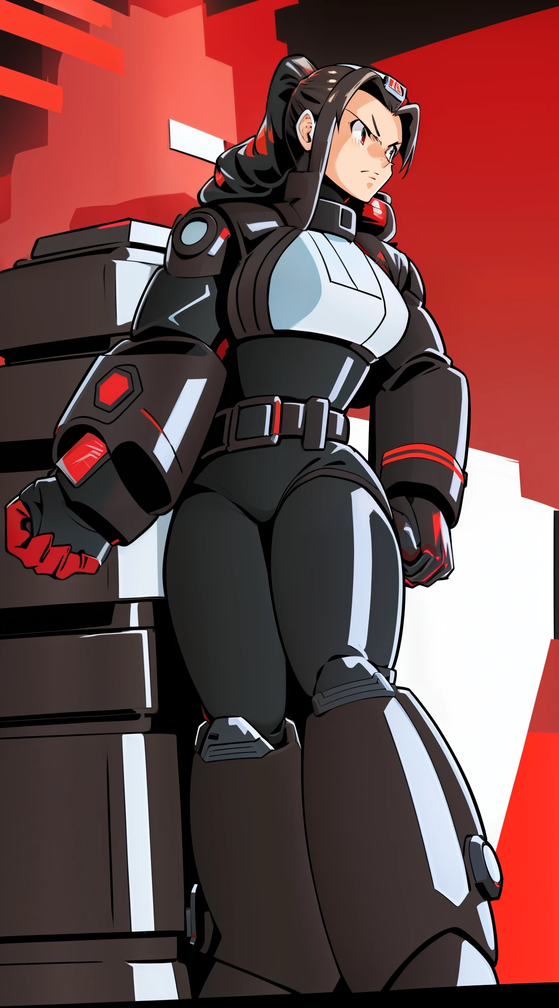 1Girl, Heavily red and white thick armor, gloves, skirt, heavy black cybernetic boots, heavy cybernetic Red with white trim arms with Black Bracelets, heavy cybernetic red torso with mblack jacket, black waist belt, red waist band, megamanX red and white heavy armor, long black pony tail, red and black trim aviator goggles on forehead, heavy thick black hair, metallic red skirt, large Black jacket, red armor with white trim, wearing biker jacket, wearing thick/wide black wristbands, punk pose, hands near hips, two-tone white and red gloves, long black/brown ponytail, big jacket