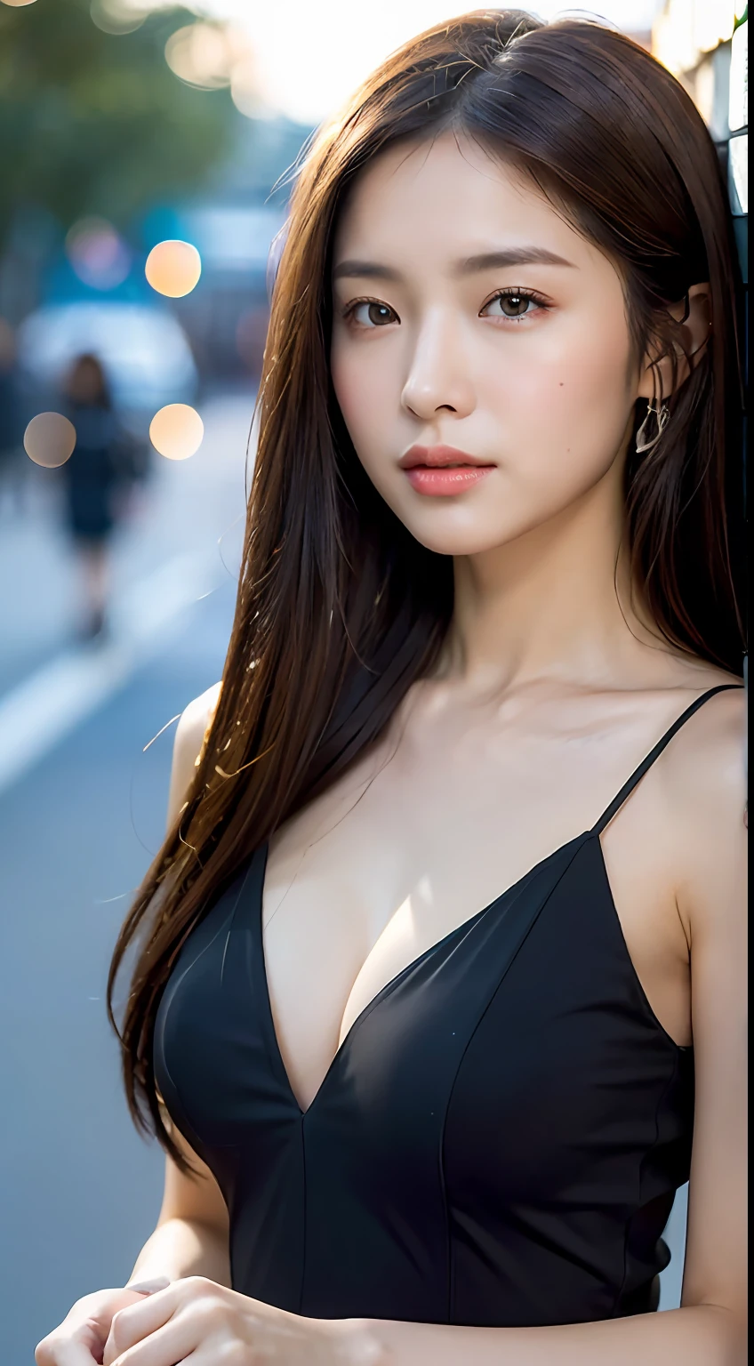 ((Realistic lighting, best qualtiy, 8k, tmasterpiece:1.3)), sharp fokus:1.2, 1girl, Beautiful Women with Perfect Figure:1.4, Slim abs:1.1, ((dark brown  hair)), (比基尼:1.4）,（exteriors，during night：1.1），the city street，Ultra-fine face，Fine eyes，二重まぶた，