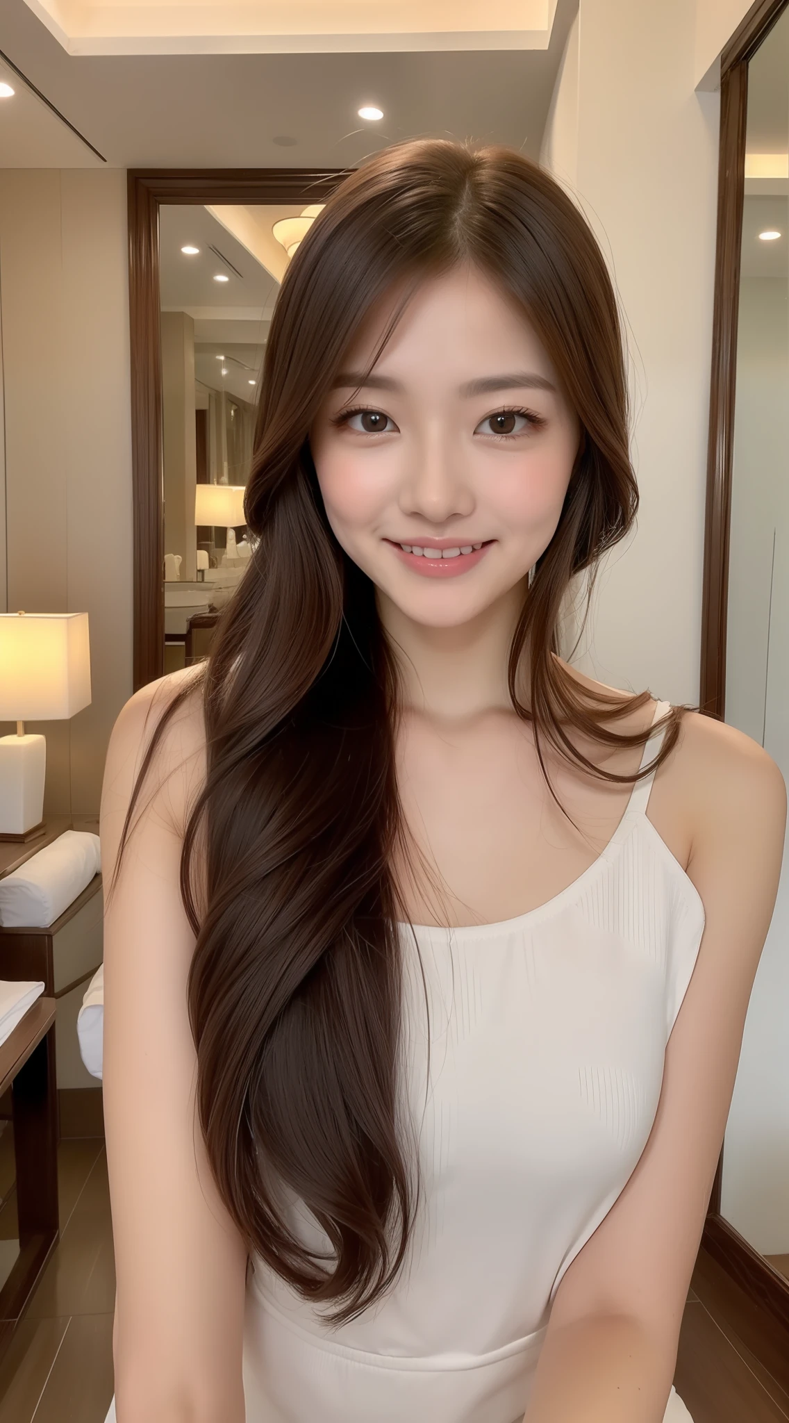 ((Top Quality, 8K, Masterpiece: 1.3)), 1 Girl, Slim Abs Beauty: 1.3, (Hairstyle Casual, Big: 1.2), Dress: 1.1, Ultra Slender Face, Delicate Eyes, Double Eyelids, Smile, Hotel