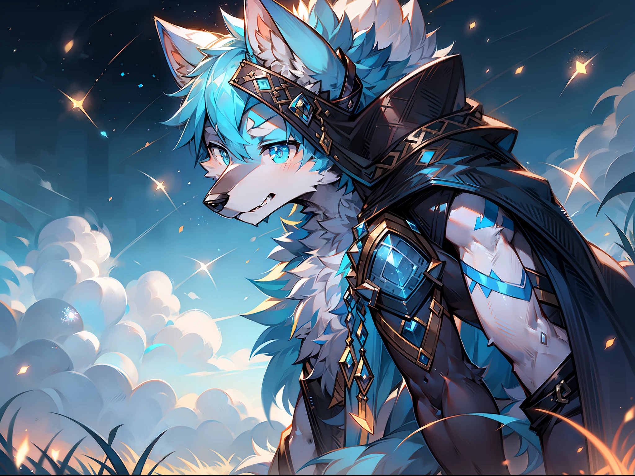 solo person,Wolf head,Wolf tail,male people,musculature,sexy
Light blue ears,blue hairs,White belly,Sky blue pupils,There is fur on the arms,There is fur on the legs,The whole body is covered with fur,being in the grassland,Behind it is a starry sky,Cloaked,Fireflies all around,Melee Mage,sideface