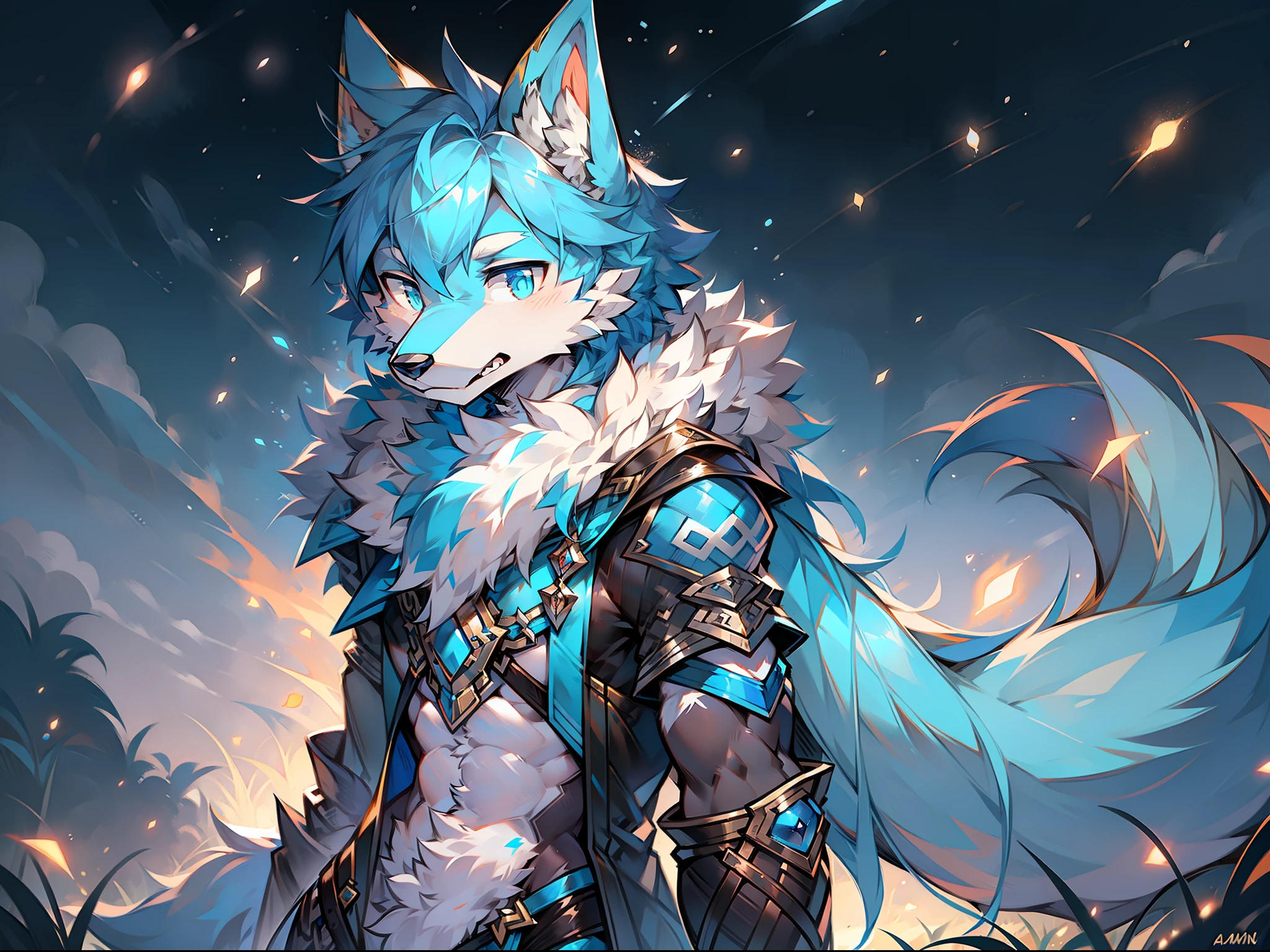 solo person,Wolf head,Wolf tail,male people,musculature,sexy
Light blue ears,blue hairs,White belly,Sky blue pupils,There is fur on the arms,There is fur on the legs,The whole body is covered with fur,being in the grassland,Behind it is a starry sky,Cloaked,Fireflies all around,Melee Mage,sideface