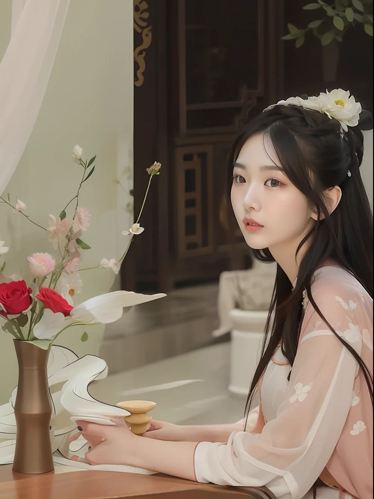There was a woman sitting at the table，Holding a vase of flowers in his hand, Inspired by Ma Yuanyu, with acient chinese clothes, Fanart, li zixin, royal palace ， A girl in Hanfu, shaxi, Chinese girl, Hanfu, Yun Ling, xintong chen, Large)}], ✨🕌🌙, Chinese woman