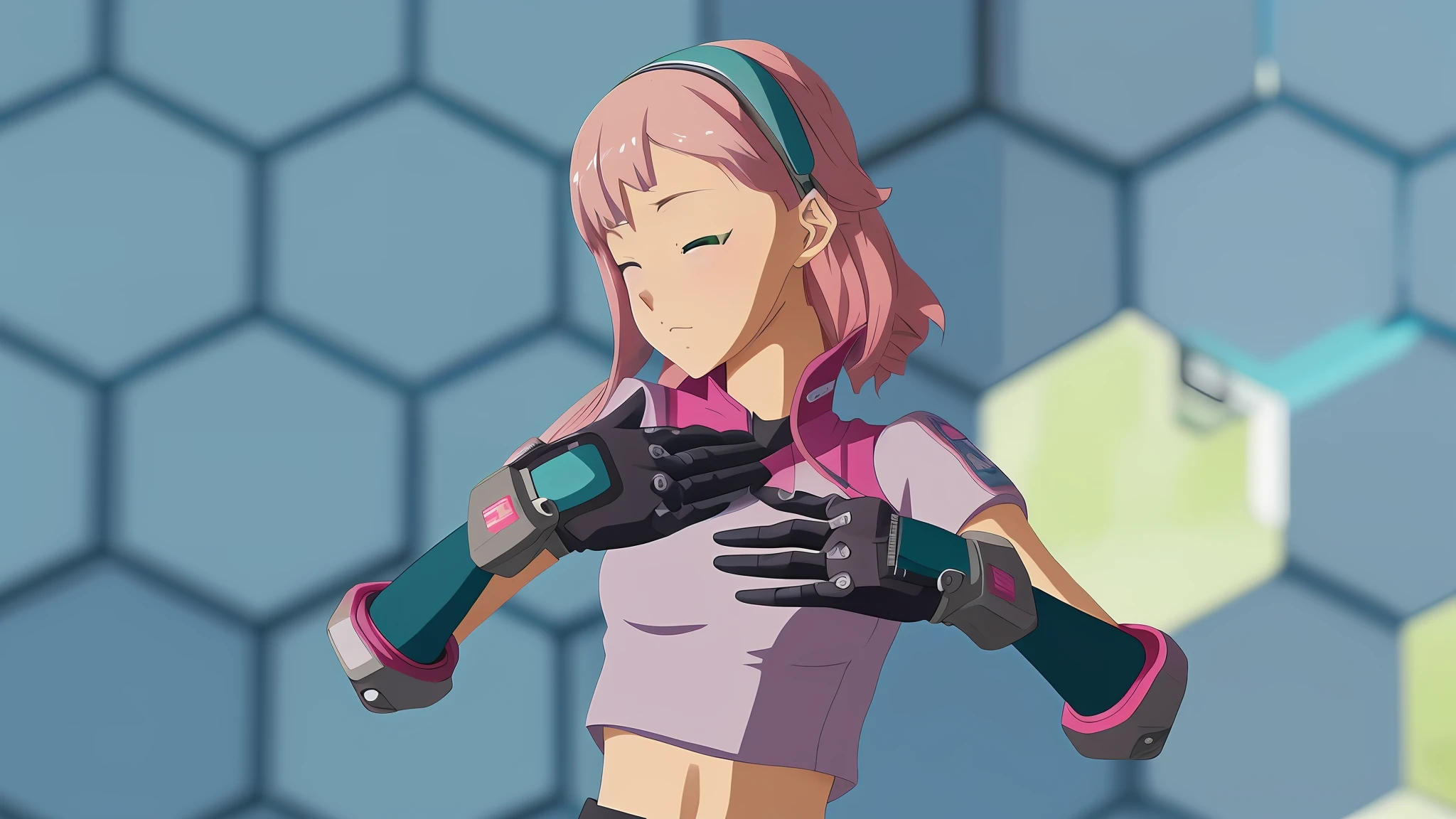 Menina anime com cabelo rosa e luvas segurando um microfone, anime estilizado, nanomeninav 2, menina em mecha cyber armor, anime estilo 3d, nanomenina, Personagem de videogame Katana Zero, closeup estilo gesto pesado, anime robotic mixed with organic, menina comerciante ciborgue, style of jet set radio, Cyber Escola Menina, anime estilizado, menina ciborgue bonito