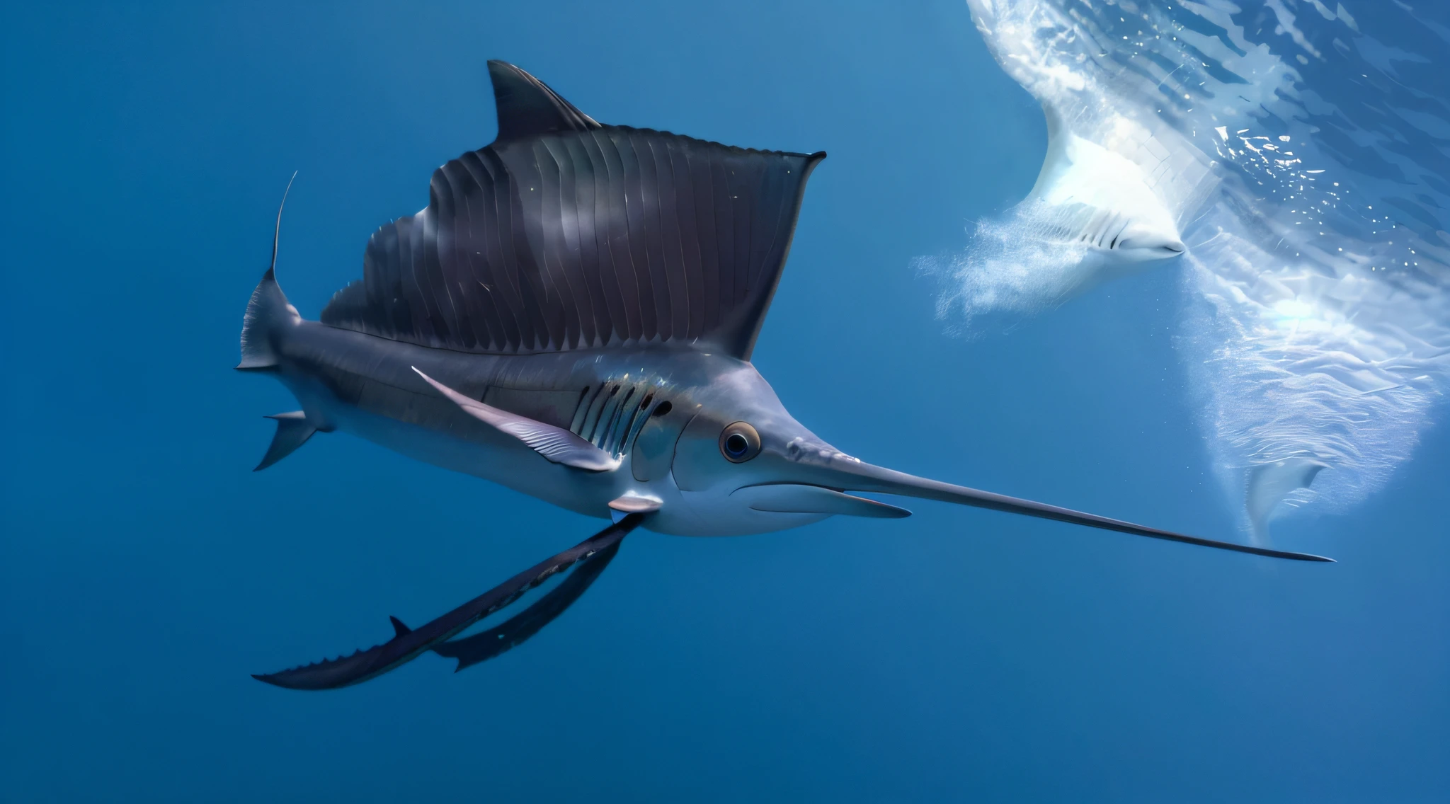 Tuna swimming in the sea, long flowing fins, Dolphins and swordfish, Praying mantis and swordfish, dipstick tail, author:Robert Jacobson, fish flying over head, Including the long tail, amazing depth, flaring gills and baleen, Beautiful angle, deep sea fish, kimberly asstyn, author:Julian Allen