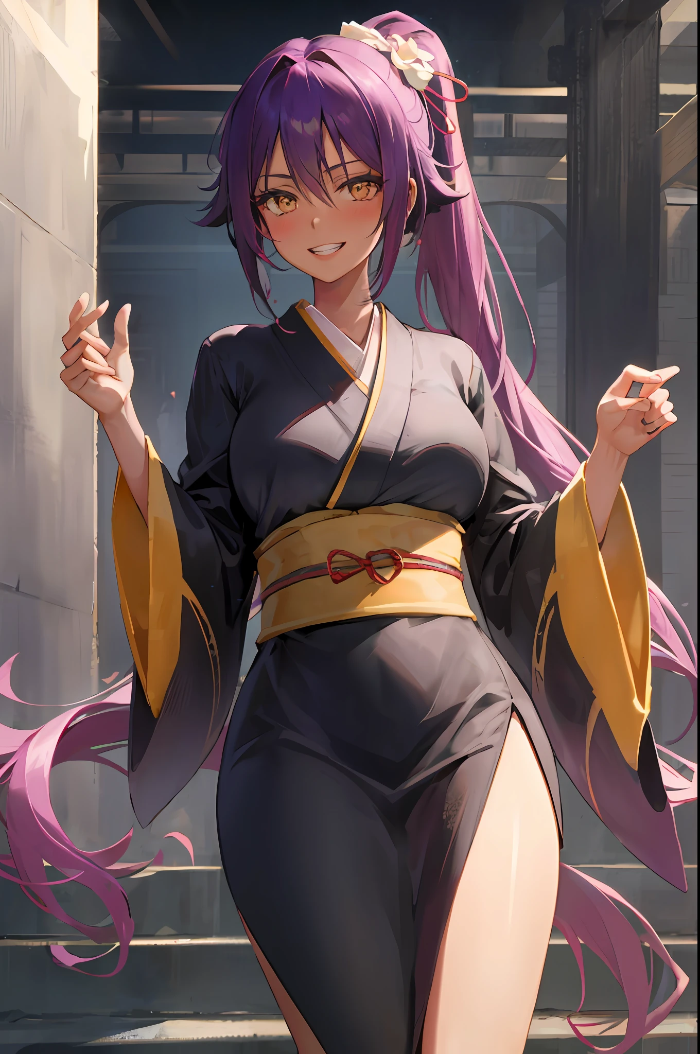 Yoruichi shihouin, dark skin, 1girl, solo, kimono, ,  breasts, cleveage,  hair between eyes, large breasts, long hair, looking at viewer, purple hair, pony tail, solo, thighs, long hair, ((masterpiece)), , soul society,sinigami dress, kimono, standing, , blush, shy, smile, show teeth, detailed hand, beautifull finger,