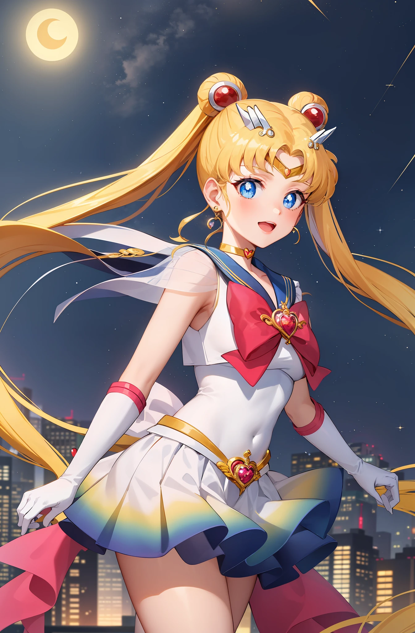 masterpiece, best quality, (1girl), supersailormoon, detailed face, happy, face focus, cowboy shot, nigh sky, moonlight, moon, sakura trees, city at night, white gloves, detailed eyes, detailed face, galaxy background, detailed background, multicolored clothes, sailor senshi uniform, multicolored skirt, hair ornament, red bow, brooch, heart brooch, earrings, crescent, heart choker, heart, miniskirt, very long hair, back bow, crescent earrings, tiara, yellow choker, boots, knee boots, red footwear