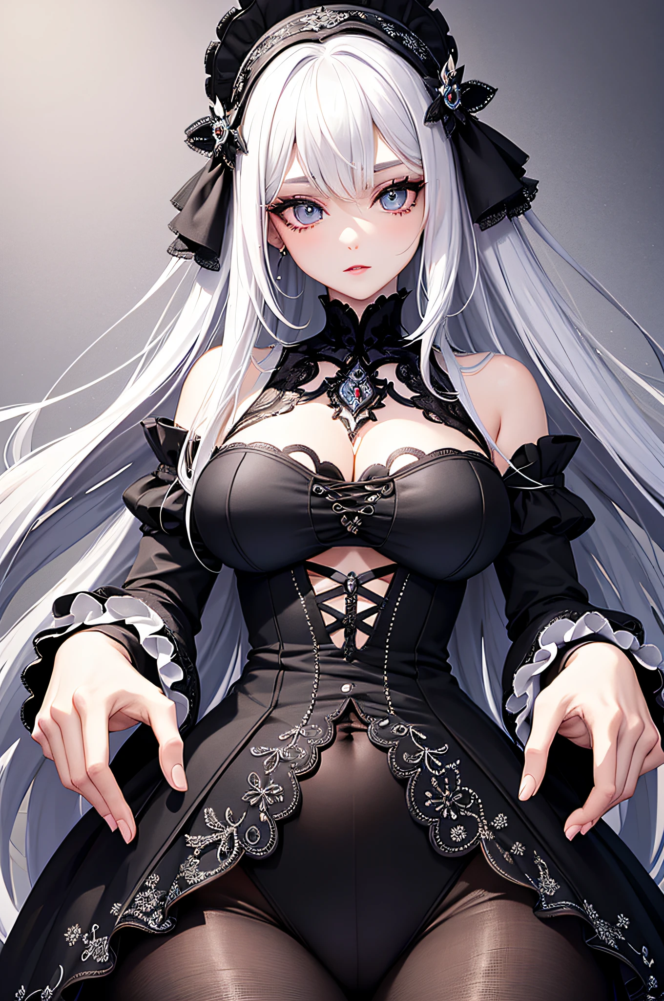 (tmasterpiece,top Quority,best qualtiy,offcial art,Beauty and aesthetics:1.2),(1girl),Extremely detailed,(s fractal art:1.3),extremely colorful,Most detailed,Wearing a black deep V tights,huge tit,big assa,white color hair,Ultra-delicate face,Cute Korean makeup beauty