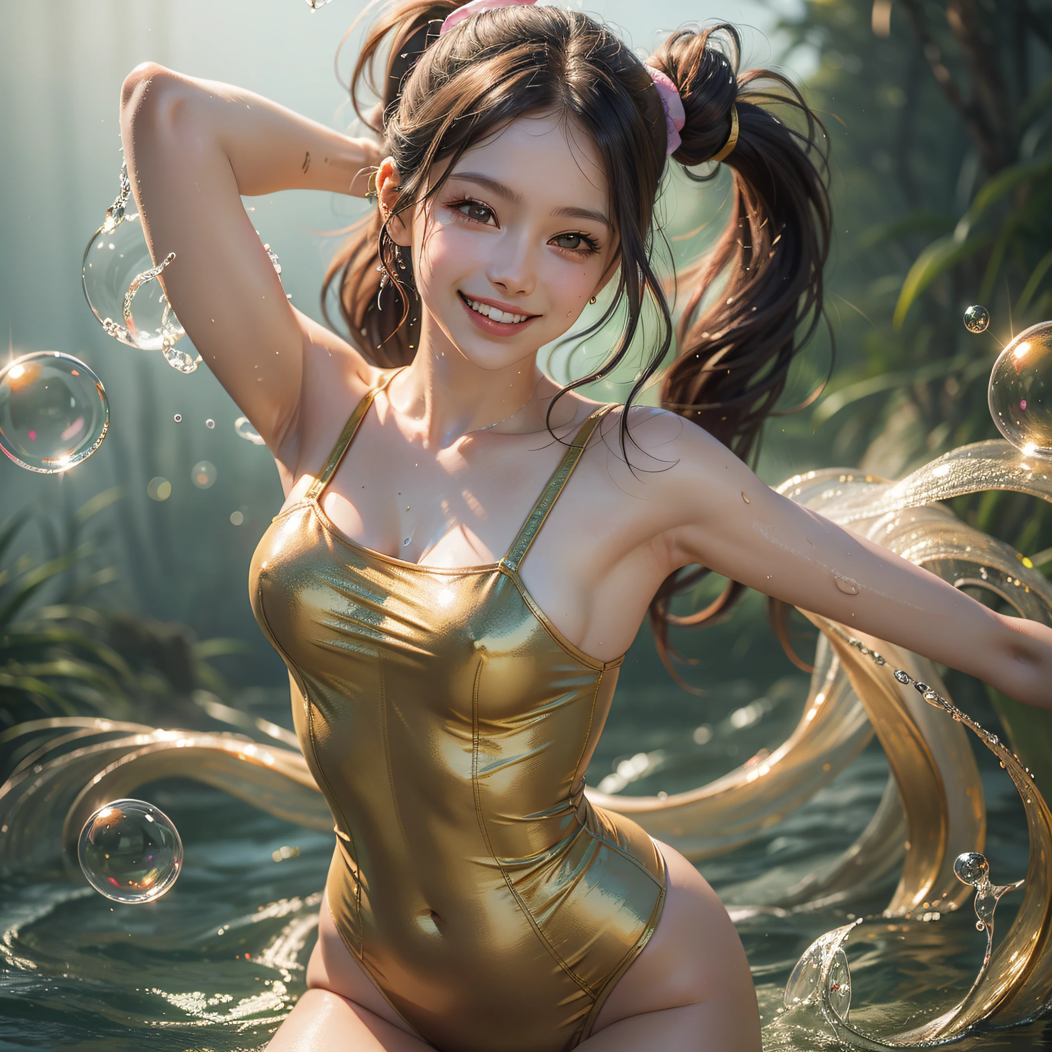 Amber, Honey, liquid beautiful 1girl in bodysuit cloth, dancing, (translucent skin), water drop, bubble, masterpiece, best quality, clear face, far shot, front light, front view, with pink short ponytail, ((big warm grin)), (8k, RAW photo, best quality, masterpiece:1), clear face, soft lighting, high quality, film grain, long hair, posing for a picture, golden hour, mottled light and shadow pureerosface_v1
