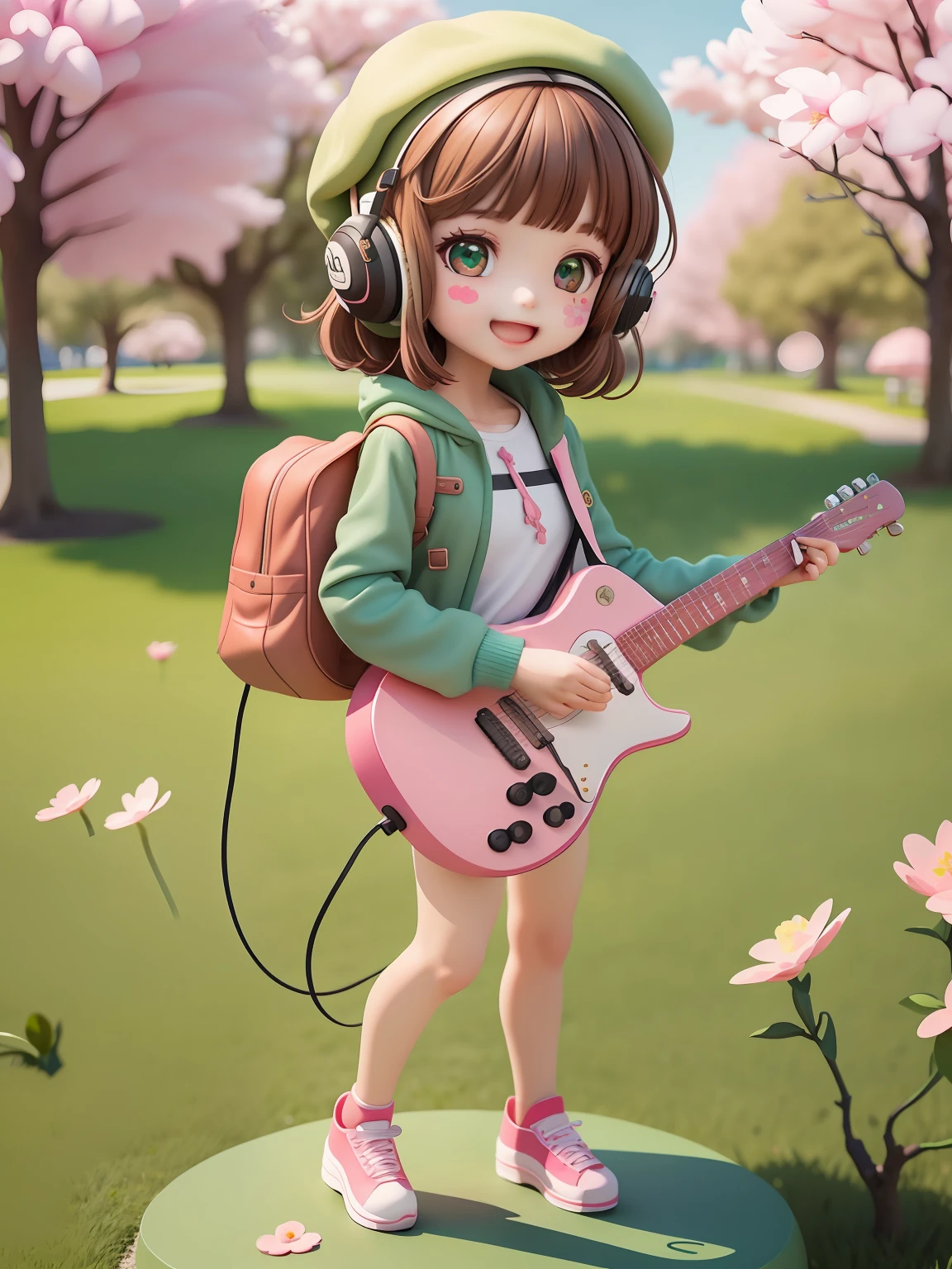 (masterpiece),(best quality),(ultra-detailed), (full body:1.2), 1girl,chibi,cute, smile, open mouth, flower, outdoors, playing guitar, music, beret, holding guitar, jacket, blush, tree, :3, shirt, short hair, cherry blossoms, green headwear, blurry, brown hair, blush stickers, long sleeves, bangs, headphones, black hair, pink flower, (beautiful detailed face), (beautiful detailed eyes),