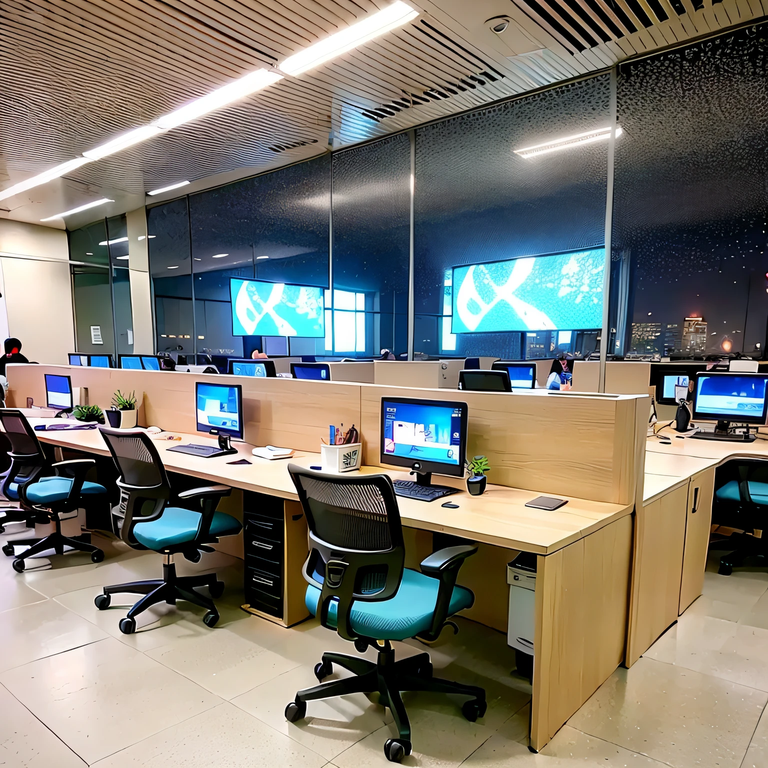 s office, com som ambiente, various chairs and tables, caixas de som no teto, computadores, abstract representation of sound passing through the air