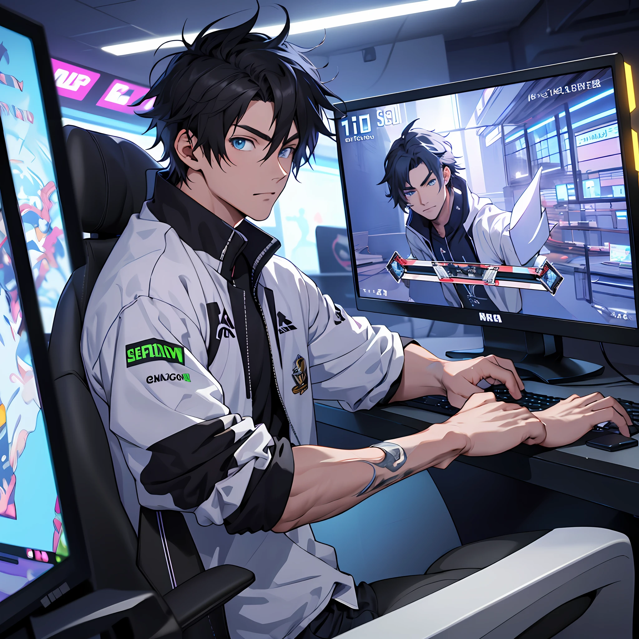 Best quality: 1.0), (Super High Resolution: 1.0), Anime boy, short black hair, blue eyes, sitting in front of computer playing games, background in esports room,