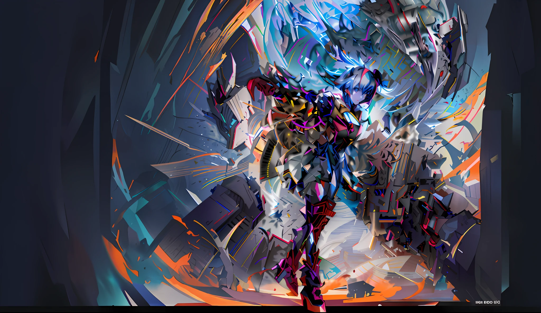 Anime - Girl-style artwork with a lot of artwork, Official artwork, Anime epic artwork, advanced digital anime art, digital advanced anime art, Anime artwork, advanced digital anime art ”, advanced anime digital art, intricate digital painting, high detailed official artwork, Detailed digital anime art, Digital anime art, glitched fantasy painting,Big Curve Girl,Side lens,in mecha style,red high heel pumps,Red and gold battle dress,Pale blue hair,The face is flesh-colored,Battlefields and ruins