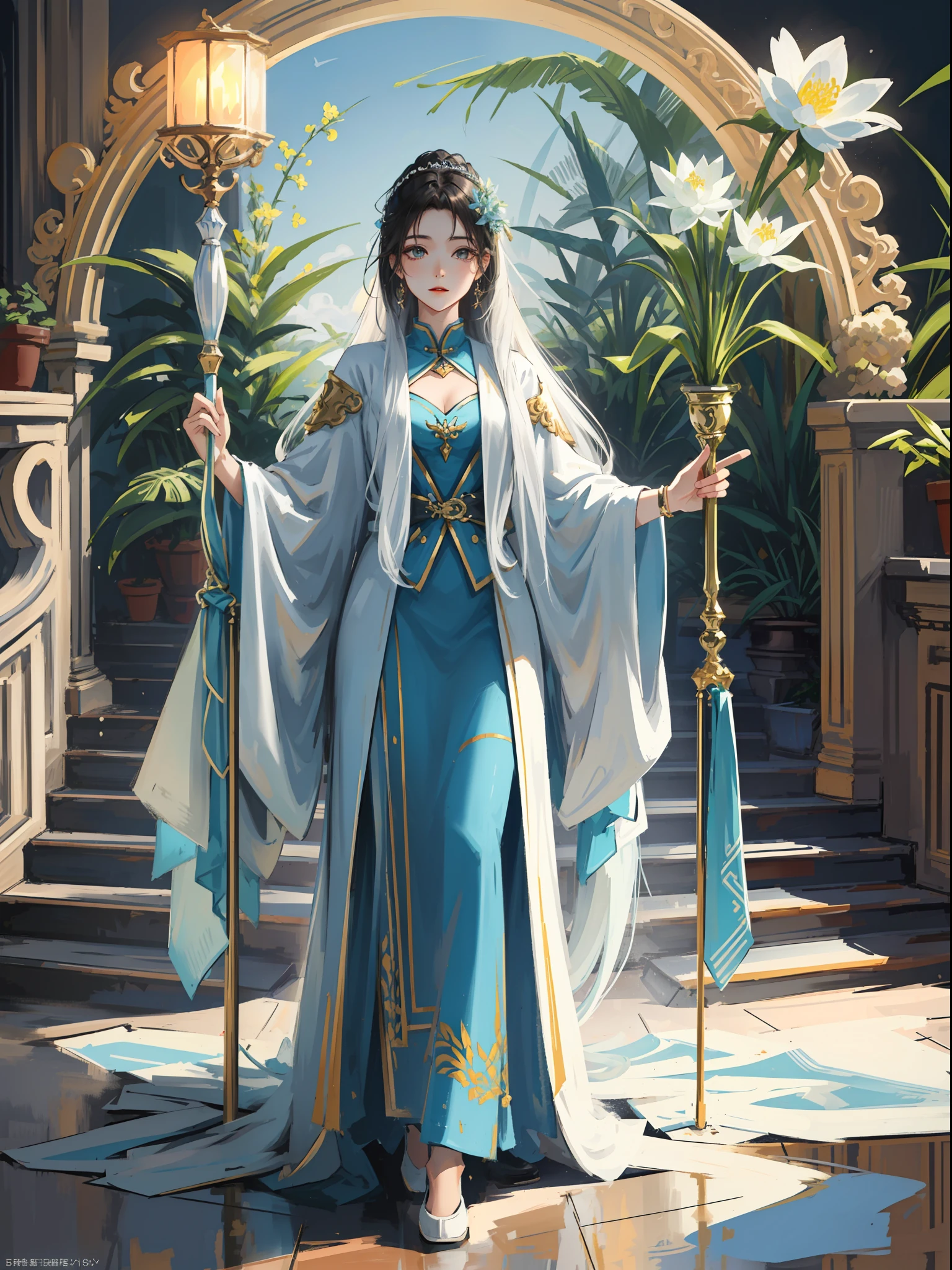 (((master part))), (((best quality: 1.4))), ((Super Detalhe: 1.4)), Wang Zhaojun in the glory of kings, 1girl, 28 anos, holding a staff in his hand, vestindo roupas chinesas antigas, flowing tulle, seda clara, frost nova, large lotus leaves, lotus flowers, cores limpas, corte decisivo, white space, freehand, master part, super detalhado, Epic composition, Ultra HD |, 8k, figura magra, pernas longas, olhando de baixo para cima, long leg proportional composition, Estilo WOLP, cabelos brancos super longos, flowing long hair, light blue and white robes, aperture on the top of the head, melhor luz e sombra, ray tracing, pele detalhada, Antecedentes complexos, efeitos especiais deslumbrantes, magia da nevasca, Detritos de gelo voando, rosto cortado pelo gelo deixando uma gota de sangue, (lateralmente: 1.3), staring into the distance