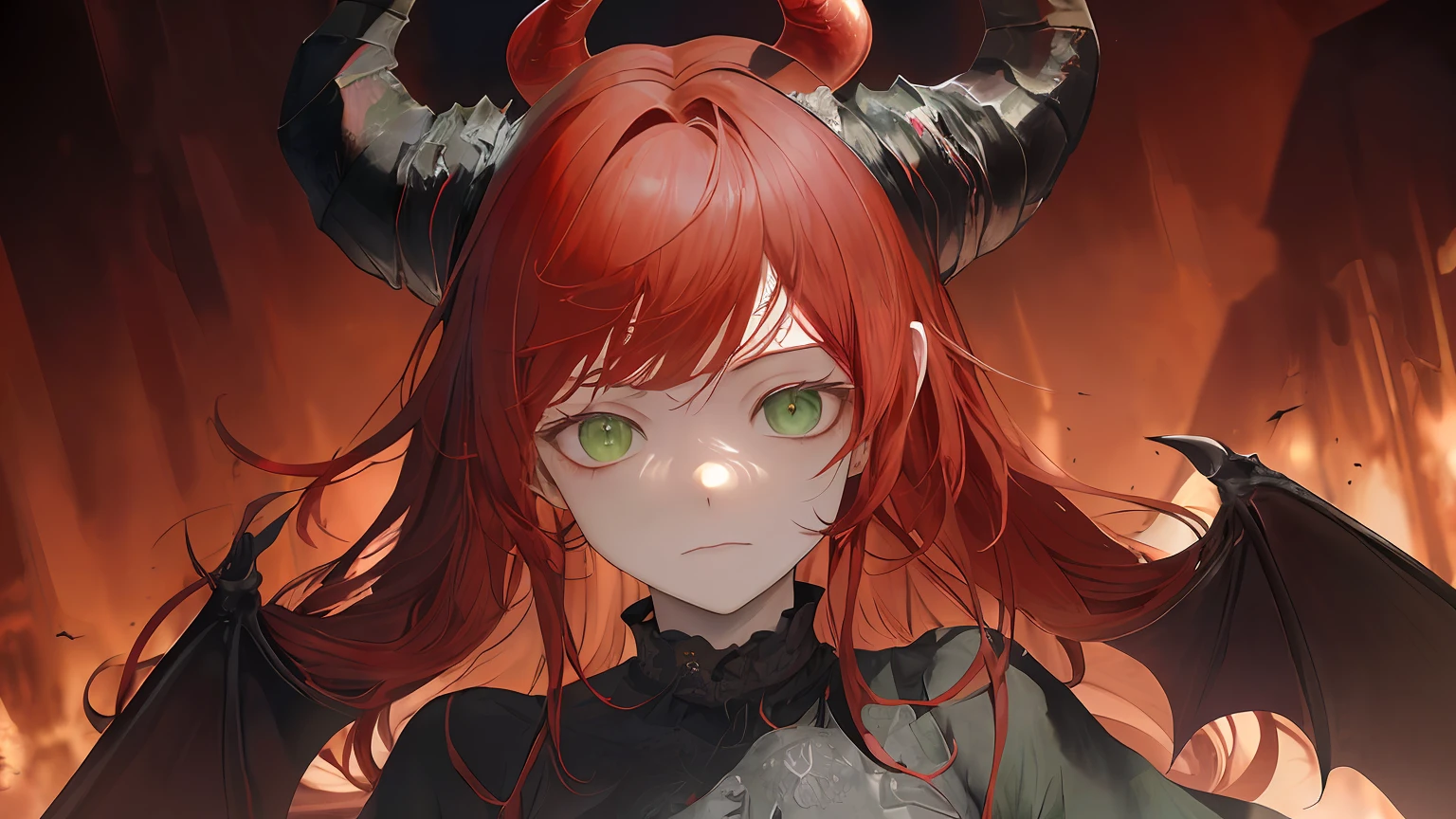 masterpiece, best quality, high quality,(a red haired girl with green eyes and black horns and surrounded by darkness:1.2), (demons of fear and suffer:1.4), (dark fantasy:1.2), (darkness:1.2), abstraction, abyssopelagic, award winning photography, Depth of Field, HDR, extremely detailed, trending on artstation, trending on CGsociety, Intricate, High Detail