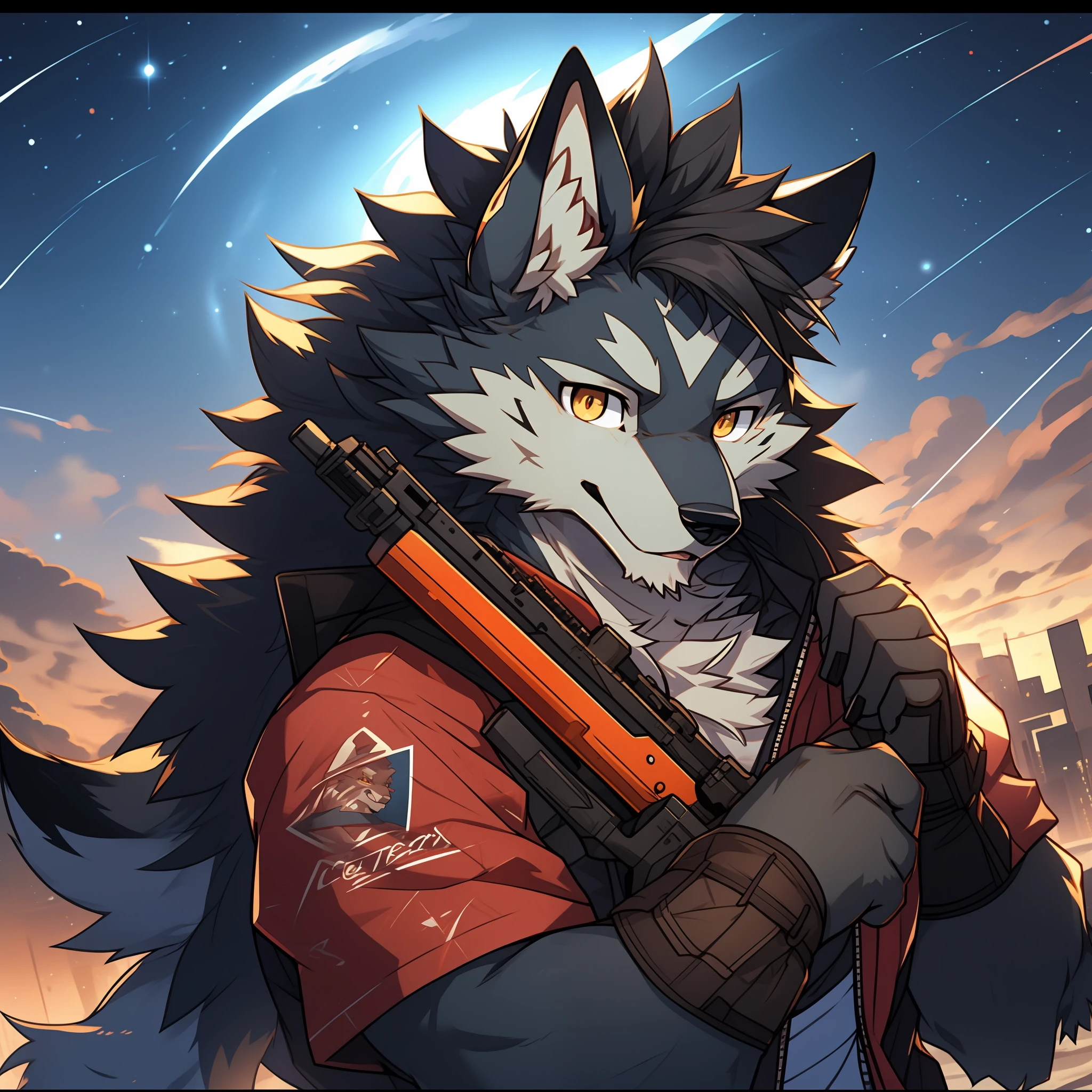 Furry,gray wolf,long whitr hair,Golden pupils,sniper gun,starrysky