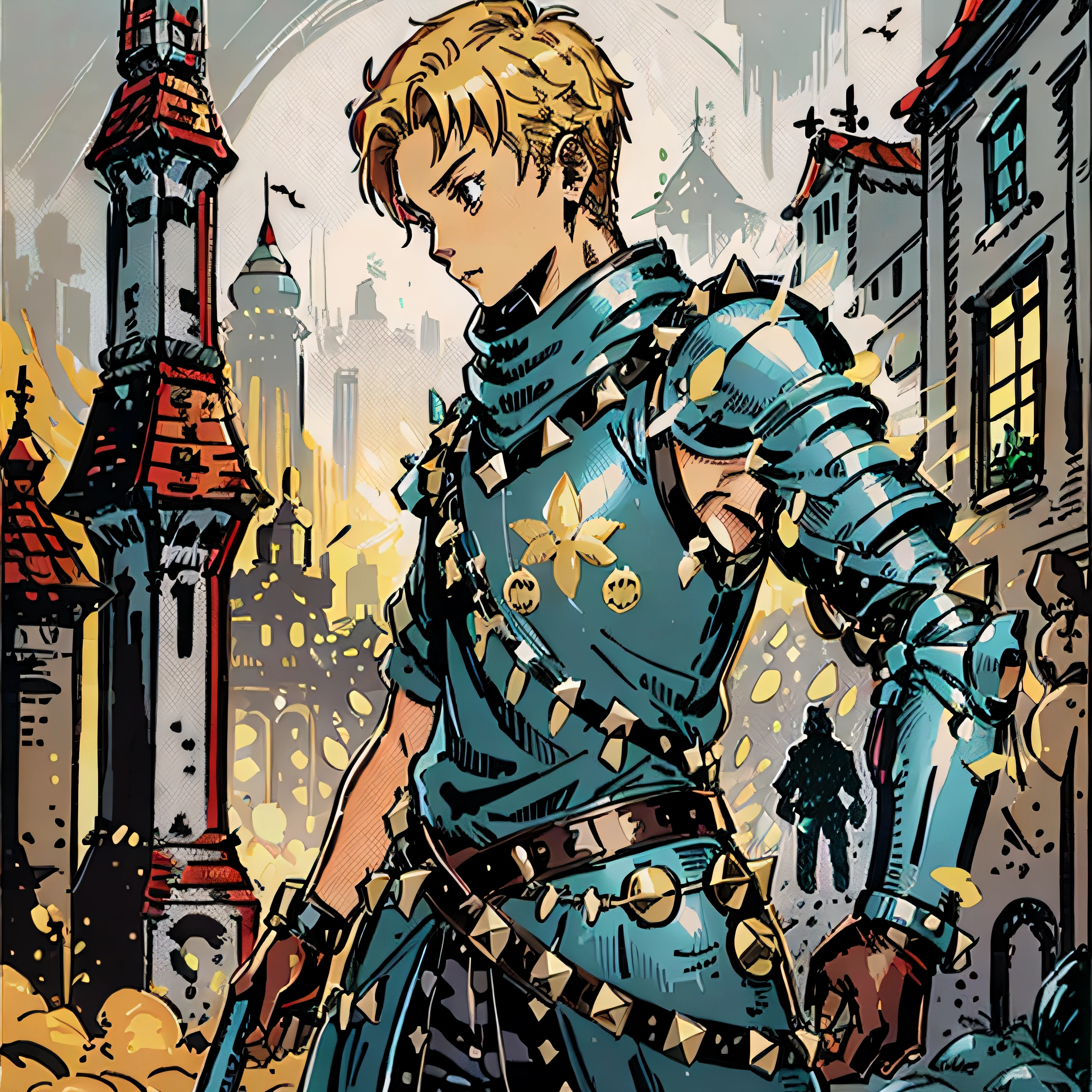 (short bolde hair man), (studded leather armor), (alchemist) action pose, rpg fantasy, (no facial hair)