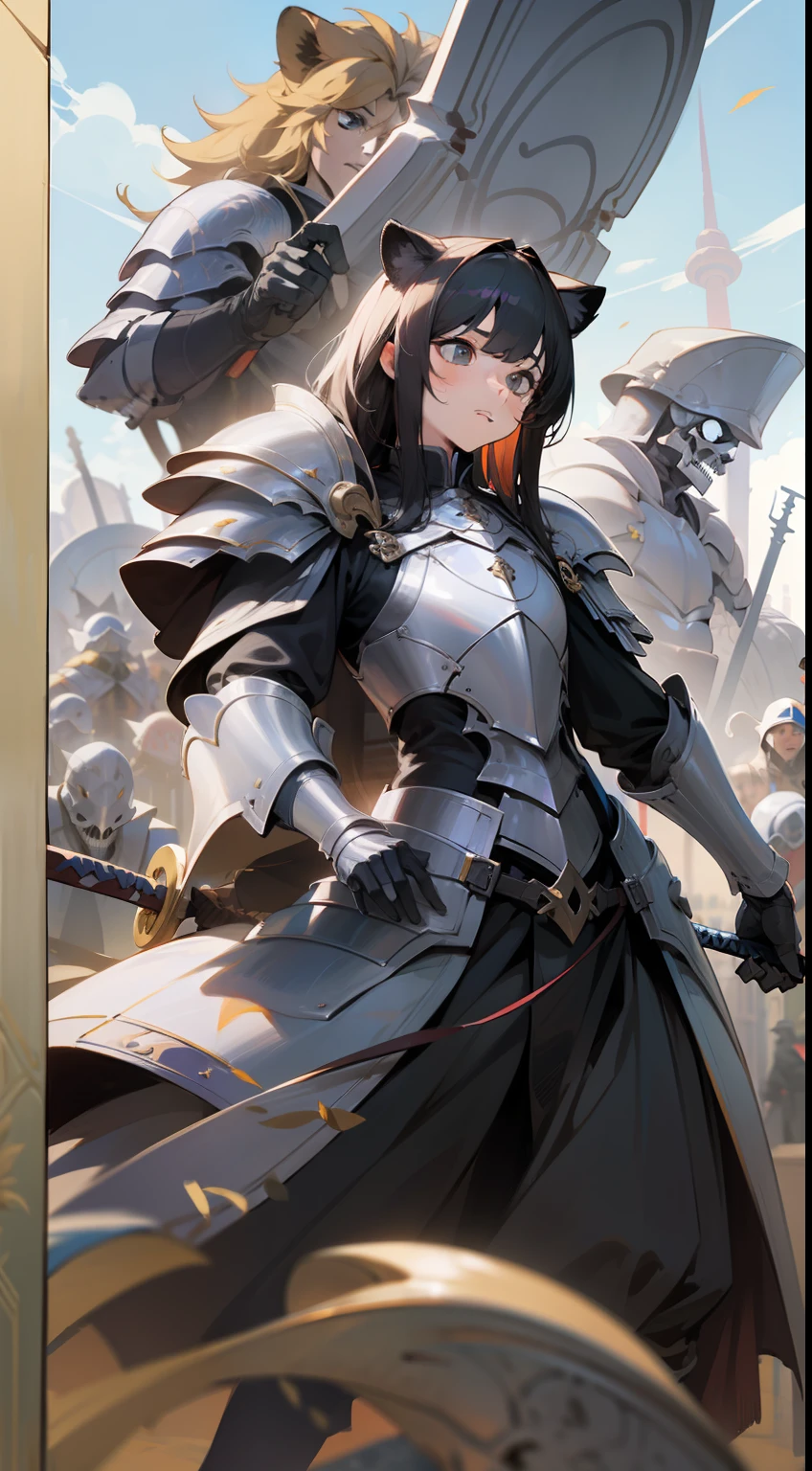 ((Master masterpiece)), ((Top image quality)), illustratio, The girls1Guys, Hair color, Bangs, Hairstyle Fax,Cat's ears、 slender、constricted hips、((Smaller chest))、A dark-haired、Magnificent General's Armor、Shield larger than a person's height、The shield has a lion decoration、Thrusting a sword into the ground、I see skeleton soldiers in the distance、A huge amount of swords is stuck around her、