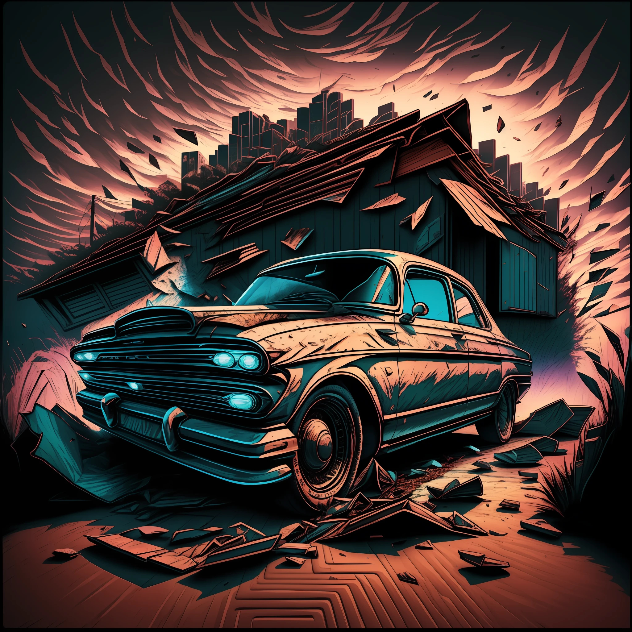 Carro vintage Quebrando uma parede, Debris falling in 3D with shadows on the wall, estilo antigo, carro visto de frente, parede preta
