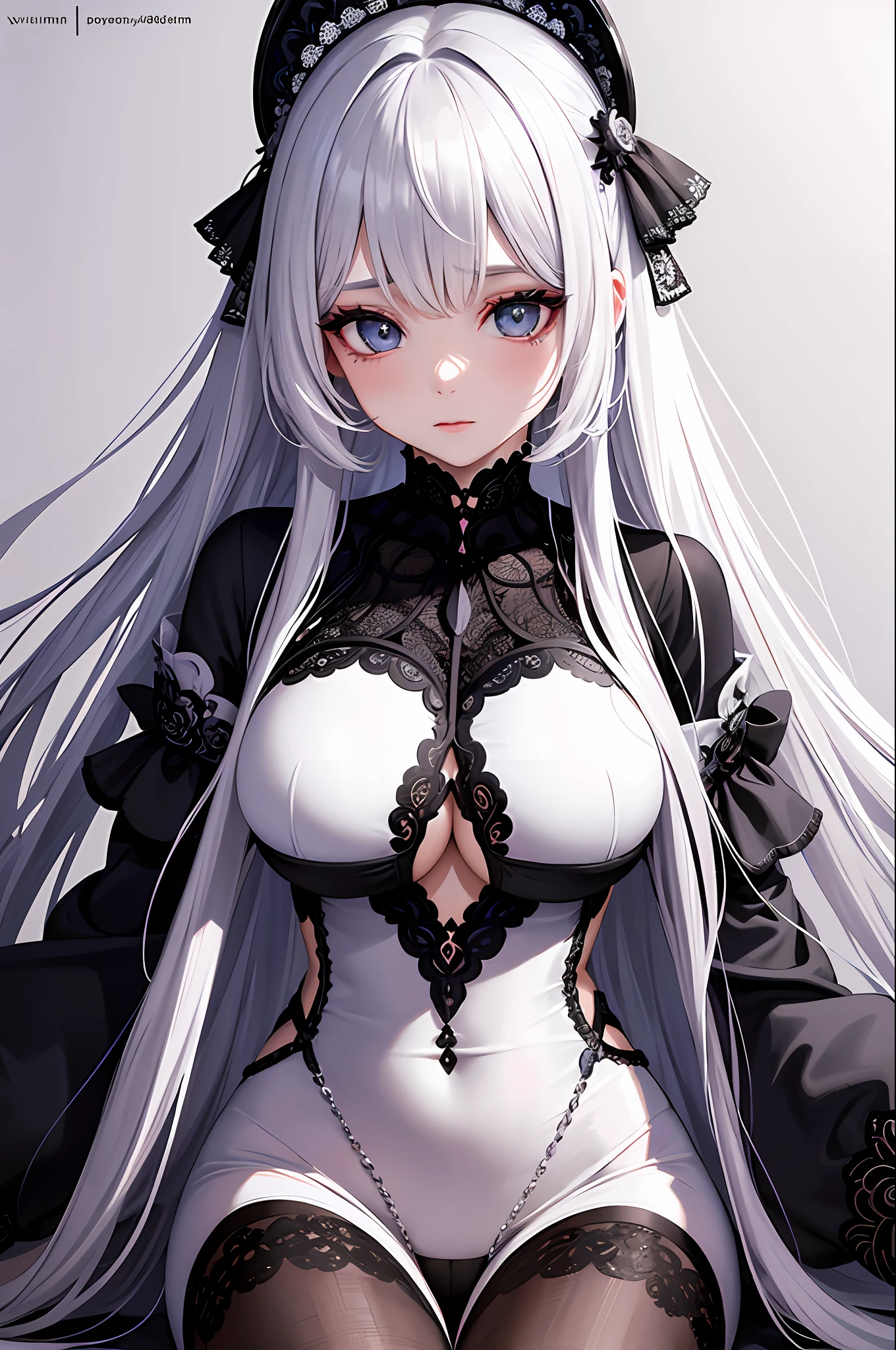 (tmasterpiece,top Quority,best qualtiy,offcial art,Beauty and aesthetics:1.2),(1girl),Extremely detailed,(s fractal art:1.3),extremely colorful,Most detailed,Wearing a black deep V tights,huge tit,big assa,white color hair,Ultra-delicate face,Cute Korean makeup beauty
