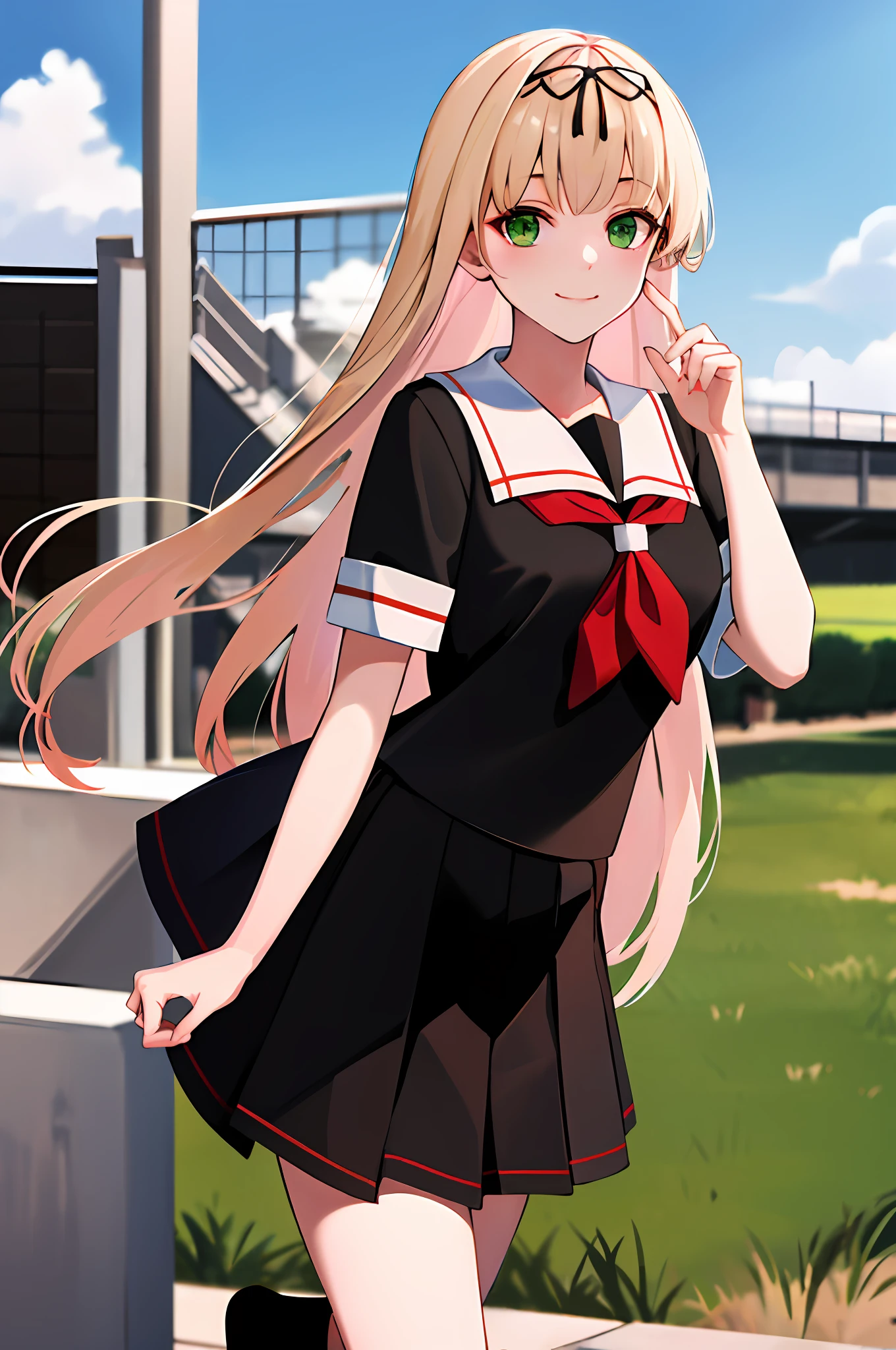 Masterpiece, Best quality, A high resolution, POI1, Green eyes, school uniform, Hair ribbon, serafuku, Black ribbon, Pleated skirt, Straight hair, Black skirt, red neckchief, Black socks, White sailor collar, Cowboy shot, Smile, Outdoors,